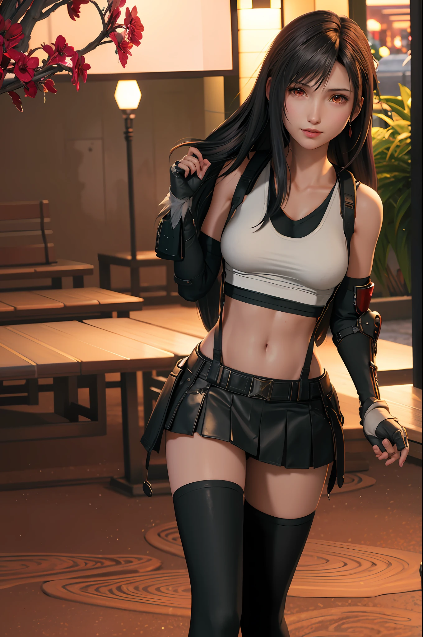 (8K, Best Quality, Masterpiece: 1.2), (Realistic, Photorealistic: 1.37), Super Detail, One Girl, Cute, Solo, (Tifa Lockhart), (Small Breasts), (Beautiful Eyes), (Smile: 1.2), (Closed), Erotic Pose, Dance, Neon, Cityscape, Depth of Field, Dark Strong Shadows, Sharp Focus, Car, Motion Blur, Motorbike, depth of field, composition, glowing green, final fantasy vii, date, (nose brush), single elbow pads, ankle boots, black hair, black skirt, black thighs, red boots, elbow gloves, elbow pads, fingerless gloves, taut shirt, sports bra, (suspender black skirt), thigh, white tank top, full body, headrest, lips, beautiful face, low tie long hair, (red_eyes)), yellow flowers, (night: 1.3), complex, bokeh, cinematic lighting, photon mapping, radiosity, physically based rendering, (Tetsuya Nomura style), eye color is blue