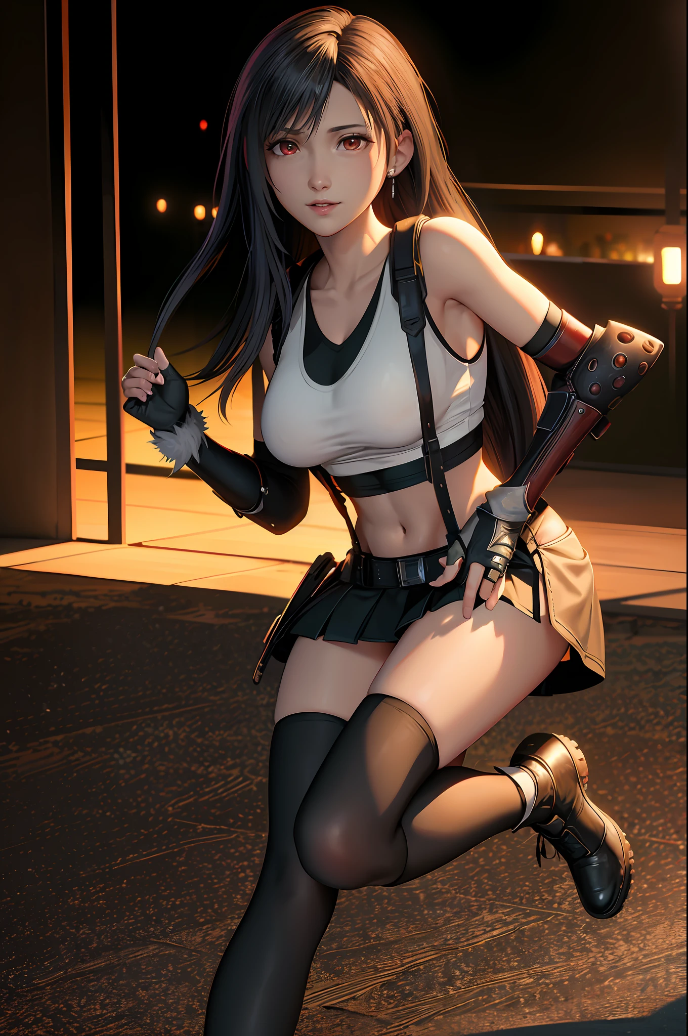 (8K, Best Quality, Masterpiece: 1.2), (Realistic, Photorealistic: 1.37), Super Detail, One Girl, Cute, Solo, (Tifa Lockhart), (Small Breasts), (Beautiful Eyes), (Smile: 1.2), (Closed), Erotic Pose, Dance, Neon, Cityscape, Depth of Field, Dark Strong Shadows, Sharp Focus, Car, Motion Blur, Motorbike, depth of field, composition, glowing green, final fantasy vii, date, (nose brush), single elbow pads, ankle boots, black hair, black skirt, black thighs, red boots, elbow gloves, elbow pads, fingerless gloves, taut shirt, sports bra, (suspender black skirt), thigh, white tank top, full body, headrest, lips, beautiful face, low tie long hair, (red_eyes)), yellow flowers, (night: 1.3), complex, bokeh, cinematic lighting, photon mapping, radiosity, physically based rendering, (Tetsuya Nomura style), eye color is blue