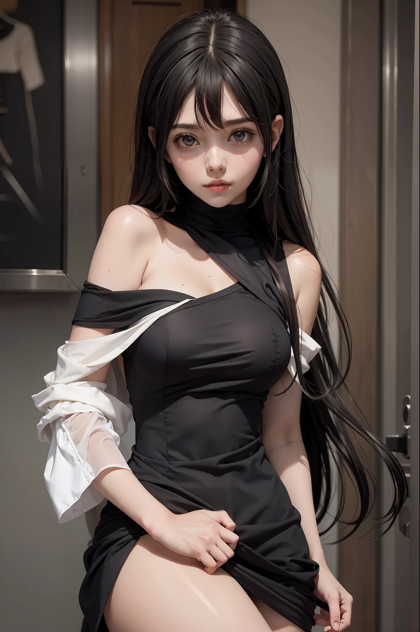 concept art, anime character chitanda from hyouka, wearing sexy dress, look at viewer, shy blush face, sexy, bare shoulder, unconcerned, NSFW, quality,