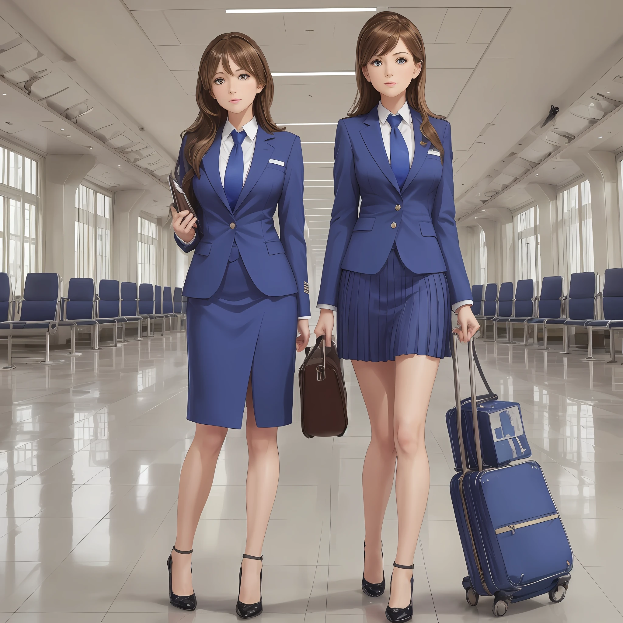 {{Mature female, caucasian}}, looking at viewer, hazel eyes, extremely detailed, medium breasts, brown hair, airport, flight attendant, uniform, blue blazer, necktie, blue skirt, medium skirt, blue high heels, happy, best quality, high quality, extremely detailed anime screencap, {{{{crowded, multiple girls, thousands of sisters, millions of sisters,billions of sisters, clone, doppelganger, matching outfit, matching hairstyle}}}}, full body