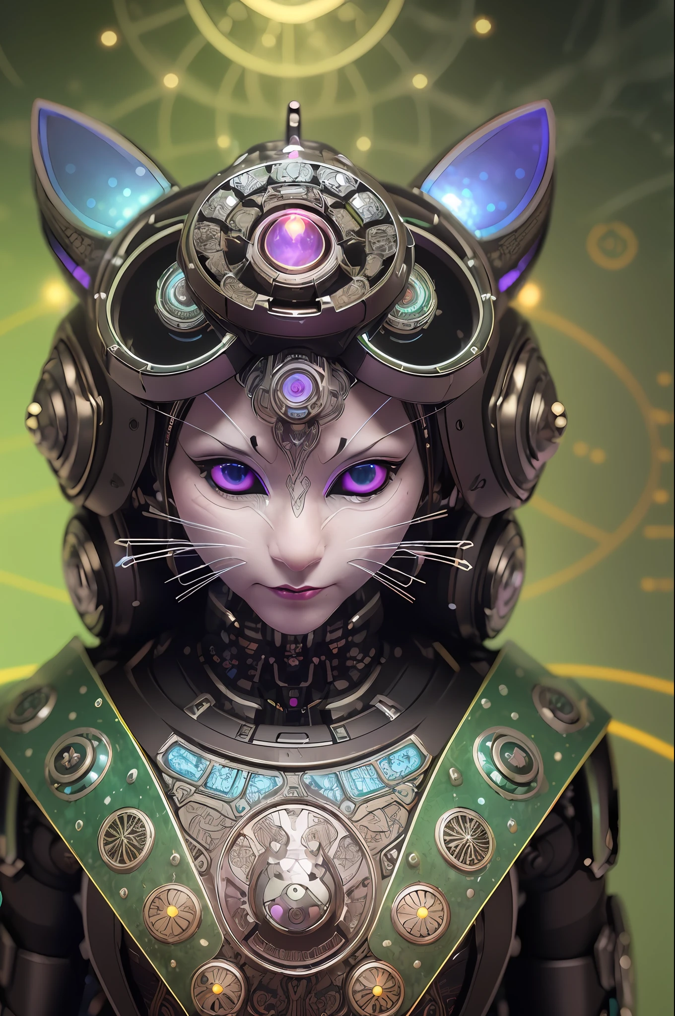 Psychedelic cyborg shaman, visionary art, (DMT aura in fractal cyberpop kawaii art:1.7), (a queer humanoid with a smiling robotic cat head:1.6) and (metal-bone-wire wings:1.5) emerge from (a cosmic circus of asemic symbols:1.4), (inspired by Robert Smithson’s Spiral Jetty:1.3). The humanoid is (gold plated and dripping: 1.8) and wears (a Boris Bidjan Saberi outfit with art nouveau embroidery: 1.6) and (a Hello Kitty mask with glowing eyes: 1.5). Its body is adorned with (Mandelbrot fractals: 1.7). Its colors are (iridescent: 1.5). The image is captured by (a Canon EOS 5D Mark IV camera:1.2), with (a 45 degree top angle:1.3) and (a dynamic zoom:1.4), and rendered with (ultra-detailed CGI effects:1.9), using ( Blender software with Cycles:1.2 rendering engine). The image combines (photorealistic-hyperrealistic areas with surreal-abstract areas: 1.8), creating a contrast between (organic-geometric, natural-artificial, figurative-generative: 1.7). The image is suitable for (an album cover or a wallpaper: 1.3). The humanoid seamlessly transforms into a streamlined robotic cat mask embroidered with metallic threads and pearls, complete with a small lab flask containing an abstract bipolar brain, in a microworld style that fuses Tobias Gremmler, Andrew Thomas Huang and James Merry. The mask is in the shape of a futuristic car traveling through a hyperloop, creating an optical illusion of movement and distortion.
