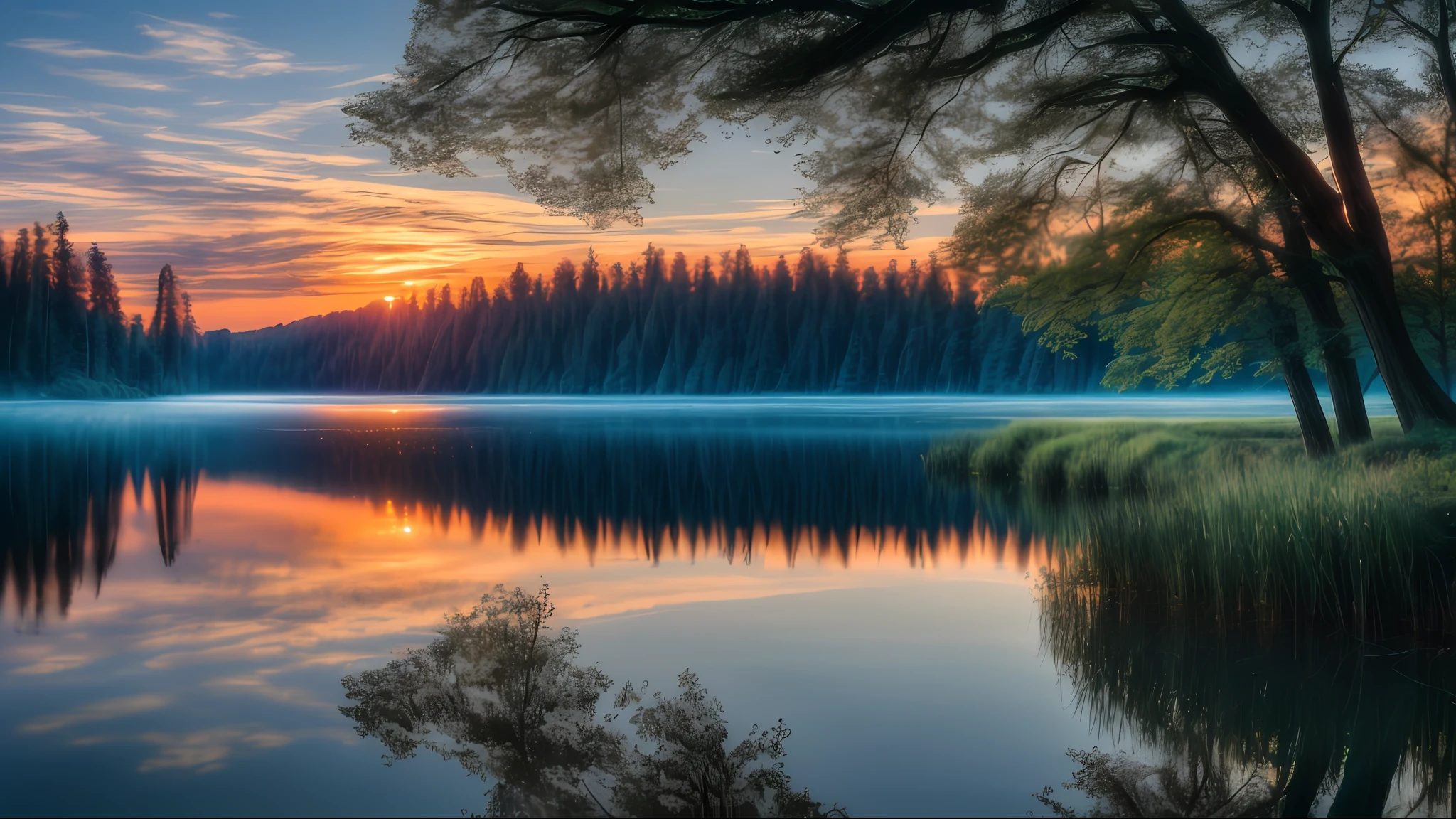 Wallpaper, summer, lake, dawn, forest, clouds, dawn background, depth of field, HD detail, hyperdetail, cinematic, soft light, deep field focus bokeh, ray tracing, diffuse (ultra-fine glass reflection) and realism. --v6