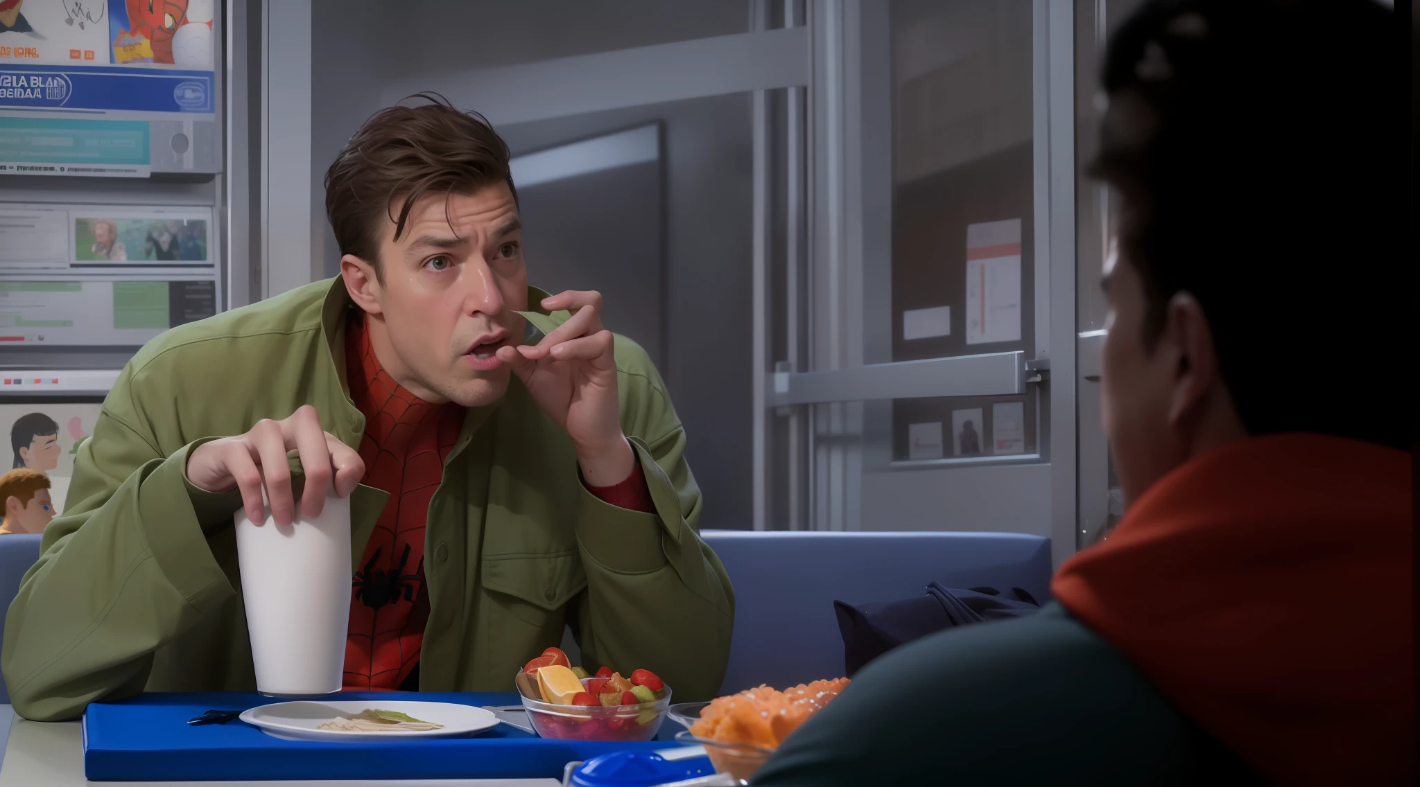 best quality, masterpiece, (realistic: 1.2), real life, live action, Spider-man, Peter Parker, Miles morals, Spider-verse, old peter, Peter B Parker, tired peter, eat, finger in mouth, thumb lick, bigger head, beard, wrinkles