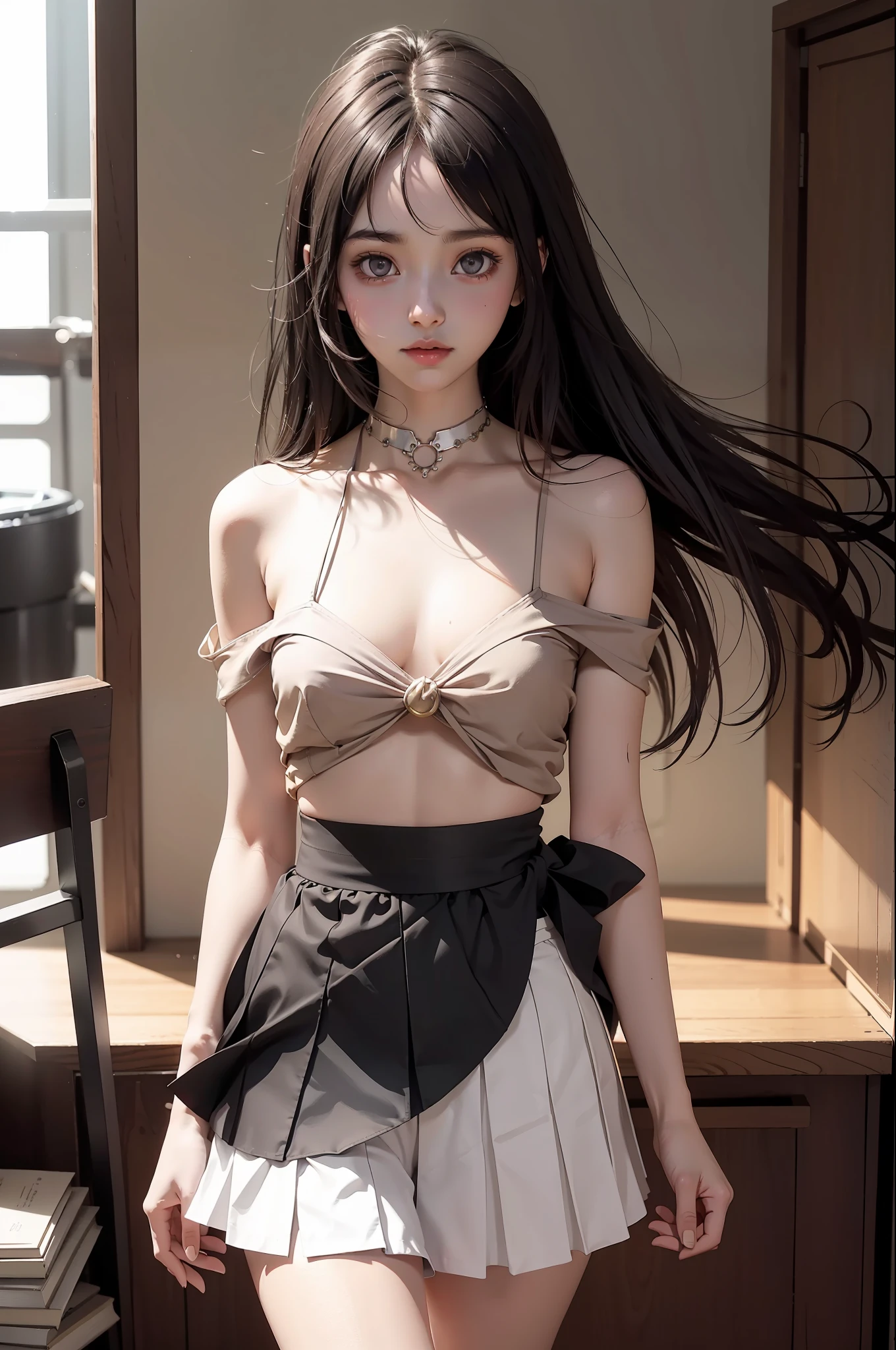concept art, anime character chitanda from hyouka, wearing sexy small top & skirt, skirt floating, hips, look at viewer, shy blush face, sexy, bare shoulder, unconcerned, NSFW, quality,