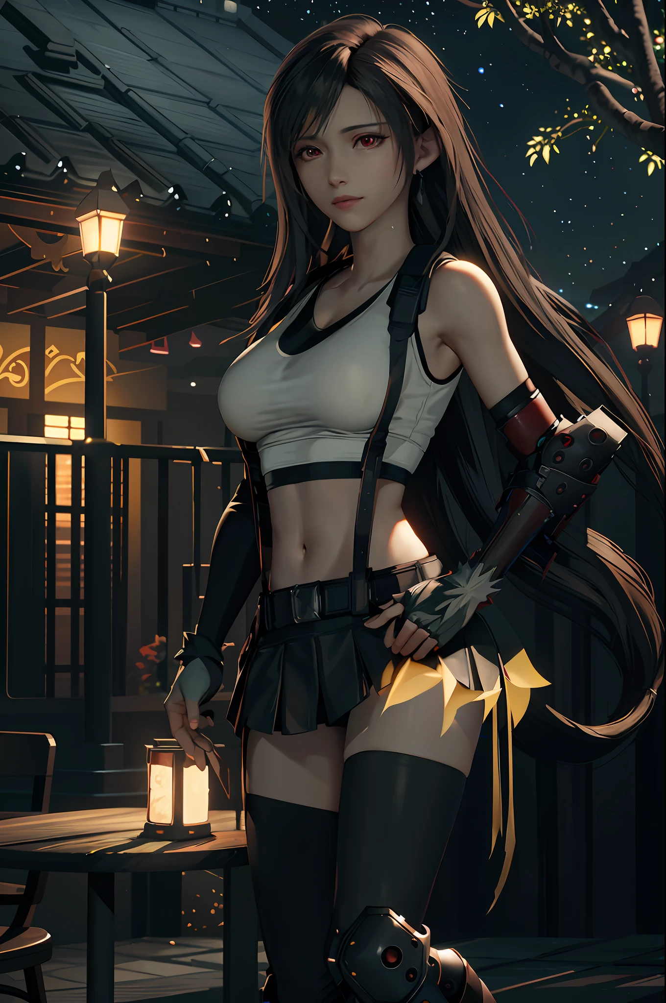 (8K, Best Quality, Masterpiece: 1.2), (Realistic, Photorealistic: 1.37), Super Detail, One Girl, Cute, Solo, (Tifa Lockhart), (Small Breasts), (Beautiful Eyes), (Smile: 1.2), (Closed), Erotic Pose, Dance, Cityscape, Depth of Field, Dark Strong Shadows, Sharp Focus, Car, Motion Blur, Motorcycle, Depth of FieldComposition, Green Glowing Light, Final Fantasy VII, Date, (Nose Brush), Single Elbow Pads, Ankle Boots, Black Hair, Black Skirt, Black Thighs, Red Boots, Elbow Gloves, Elbow Pads, Fingerless Gloves, Taut Shirt, Sports Bra, (Suspender Black Skirt), Tsi-Hi, White Tank Top, Full Body, Headrest, Lips, Beauty Face, Rotai Long Hair, (red_eyes)), Yellow Flowers, (Night: 1.3), Complex, Bokeh, Cinematic Lighting, Photon Mapping, Radiosity, Physically Based Rendering, (Tetsuya Nomura Style), Eye Color Blue, Cherry Tree,