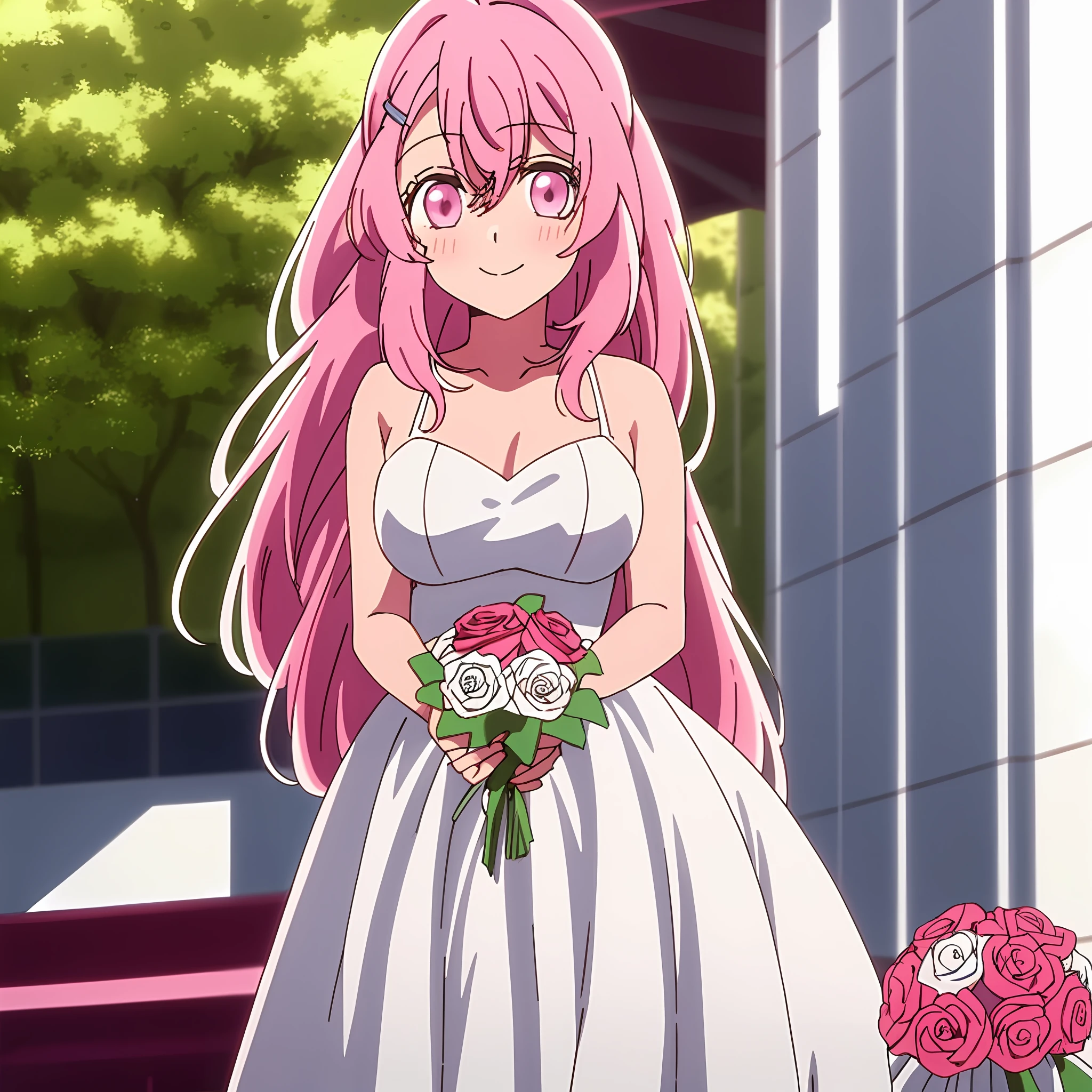 masterpiece, best quality, 1girl, kotobuki_minami, pink_eyes, solo, closed mouth, blush, smile, bare shoulders, breasts, white dress, wedding dress, holding rose bouquet, yellow background, cowboy shot