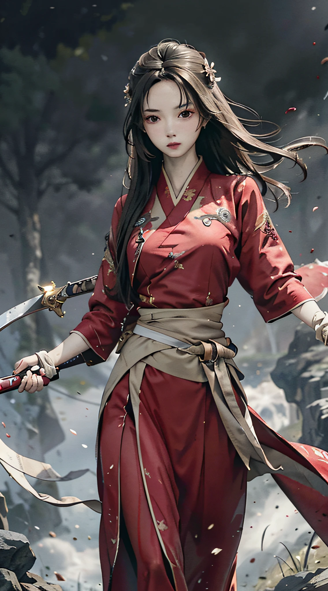 RAW Photo, 4k, Realistic, Delicate and Meticulous Skin), Masterpiece, Best Quality, Official Art, Unity 8k Wallpaper, Ultra Detailed, (Soft Light), Cinematic Look, High Saturation, Best Anatomy, Volume Fog, Slim Body, Full Body, 1 Girl, Looking at the Audience, Red Clothes, (with a Weapon on the Waist), Sword, Long Hair, Brunette Hair, Solo, Blood, Armguards, Complex Background, Looking at the Viewer, Black Eyes, Cloth, Floating Hair, Evil Smile, Hanfu, Dynamic Movement, Dynamic Pose, with bandages wrapped around hands, the wind carries dust,