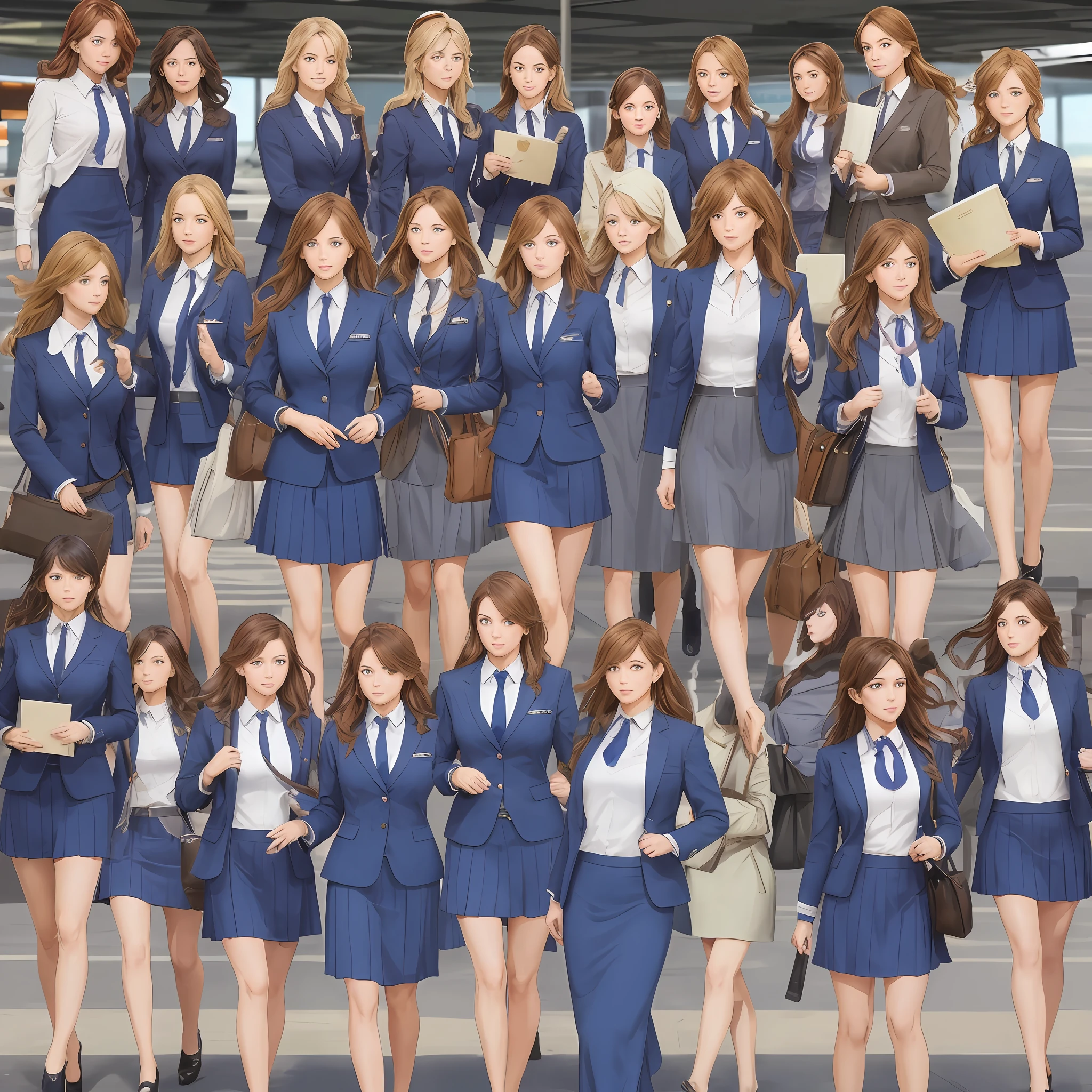 {{Mature female, caucasian}}, looking at viewer, hazel eyes, extremely detailed, medium breasts, brown hair, airport, flight attendant, uniform, blue blazer, necktie, blue skirt, medium skirt, blue high heels, happy, best quality, high quality, extremely detailed anime screencap, {{{{crowded, multiple girls, thousands of sisters, millions of sisters,billions of sisters, clone, doppelganger, matching outfit, matching hairstyle}}}}, full body