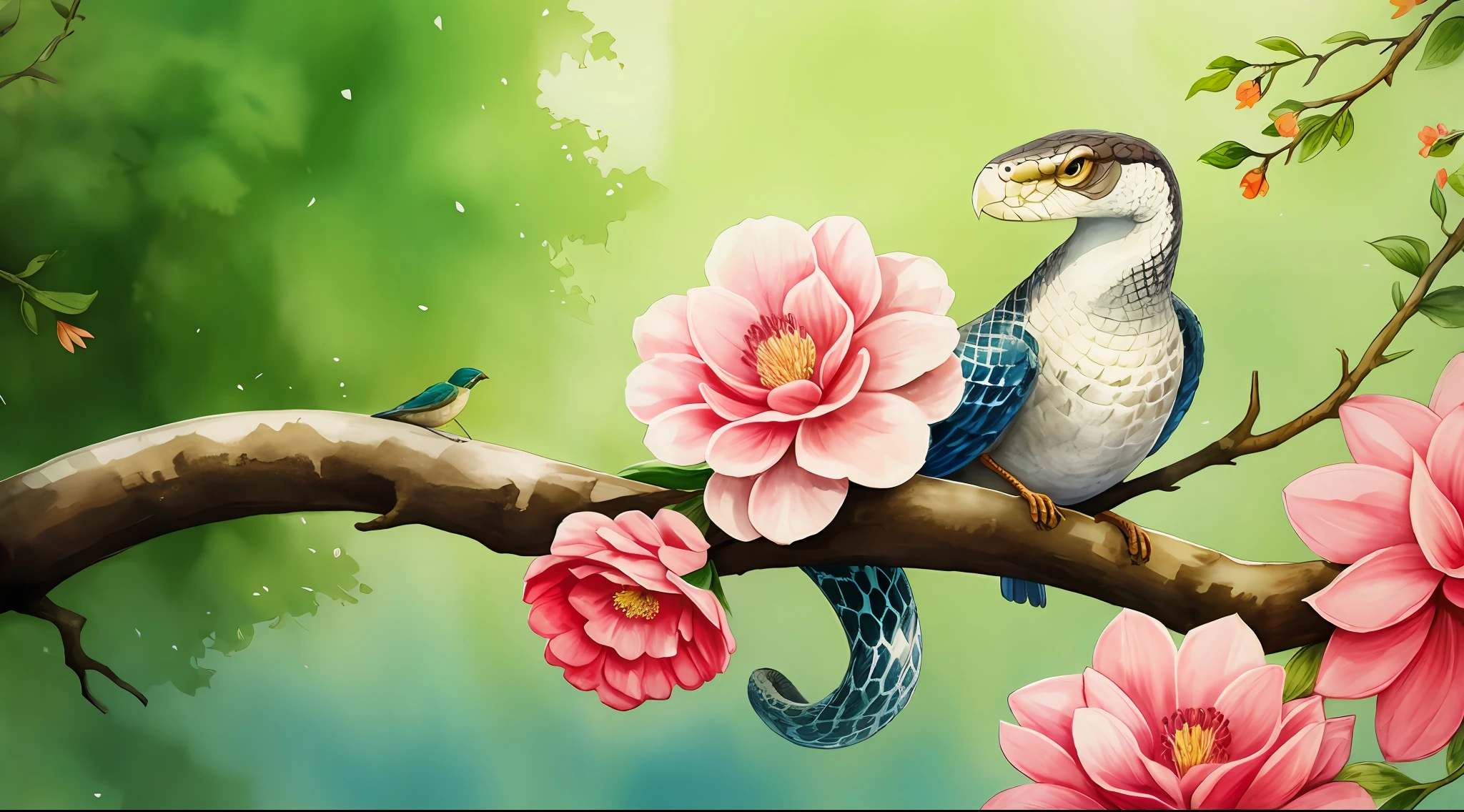 snake on a tree branch, garden, trees, flowers, birds, digital painting, watercolor painting