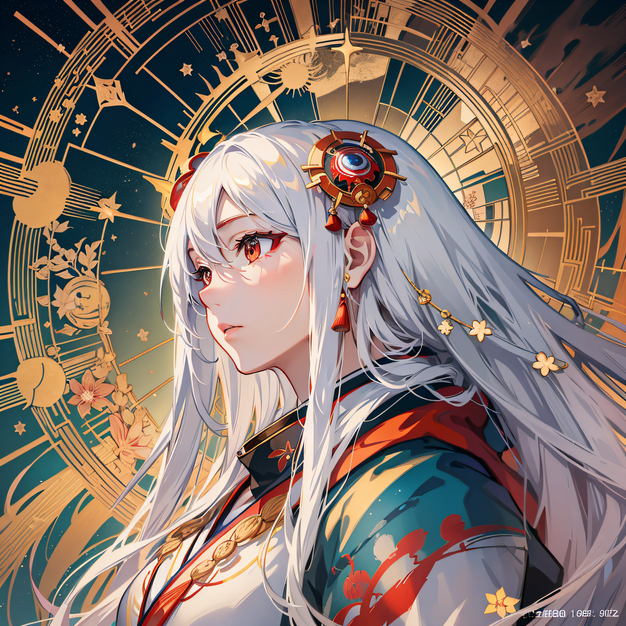 Concept art, Japan mythical portrait of Amaterasu, priestess, eyes as beautiful as stars, sun god, savior of the world, super idol, celestial world, plain background, masterpiece, ultra-precision rendering, attractive profile picture