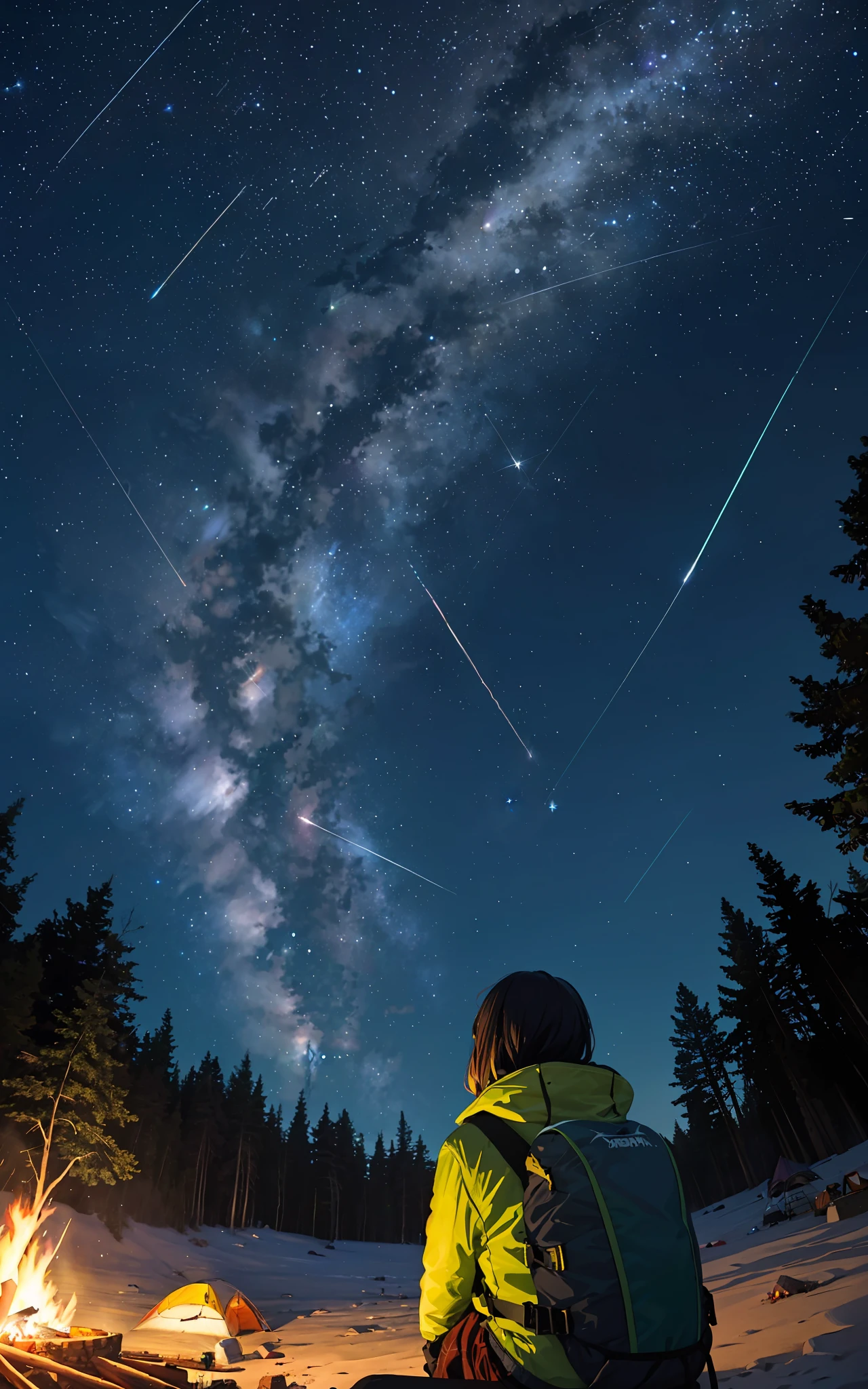 woman observing ( Orionids meteor shower),
Orionids meteor shower, beautiful,
woman, solo, camping, campfire, looking at the Orionids meteor shower,
from behind, from below,
outdoor,