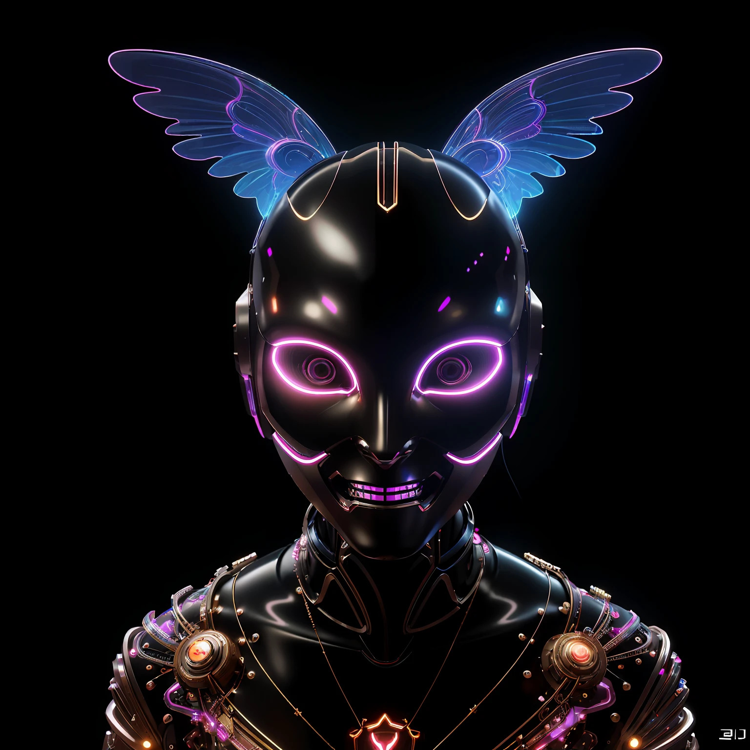 Psychedelic cyborg shaman, visionary art, (DMT aura in fractal cyberpop kawaii art:1.7), (a queer humanoid with a smiling robotic cat head:1.6) and (metal-bone-wire wings:1.5) emerge from (a cosmic circus of asemic symbols:1.4), (inspired by Robert Smithson’s Spiral Jetty:1.3). The humanoid is (gold plated and dripping: 1.8) and wears (a Boris Bidjan Saberi outfit with art nouveau embroidery: 1.6) and (a Hello Kitty mask with glowing eyes: 1.5). Its body is adorned with (Mandelbrot fractals: 1.7). Its colors are (iridescent: 1.5). The image is captured by (a Canon EOS 5D Mark IV camera:1.2), with (a 45 degree top angle:1.3) and (a dynamic zoom:1.4), and rendered with (ultra-detailed CGI effects:1.9), using ( Blender software with Cycles:1.2 rendering engine). The image combines (photorealistic-hyperrealistic areas with surreal-abstract areas: 1.8), creating a contrast between (organic-geometric, natural-artificial, figurative-generative: 1.7). The image is suitable for (an album cover or a wallpaper: 1.3). The humanoid seamlessly transforms into a streamlined robotic cat mask embroidered with metallic threads and pearls, complete with a small lab flask containing an abstract bipolar brain, in a microworld style that fuses Tobias Gremmler, Andrew Thomas Huang and James Merry. The mask is in the shape of a futuristic car traveling through a hyperloop, creating an optical illusion of movement and distortion.