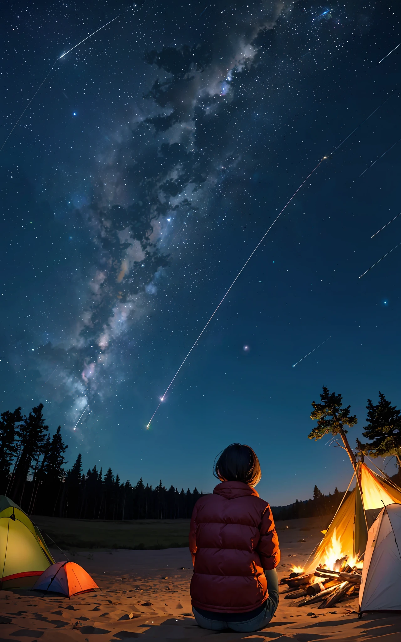 woman observing ( Orionids meteor shower),
Orionids meteor shower, beautiful,
woman, solo, camping, campfire,  looking at the Orionids meteor shower,
from behind, from below,
outdoor,