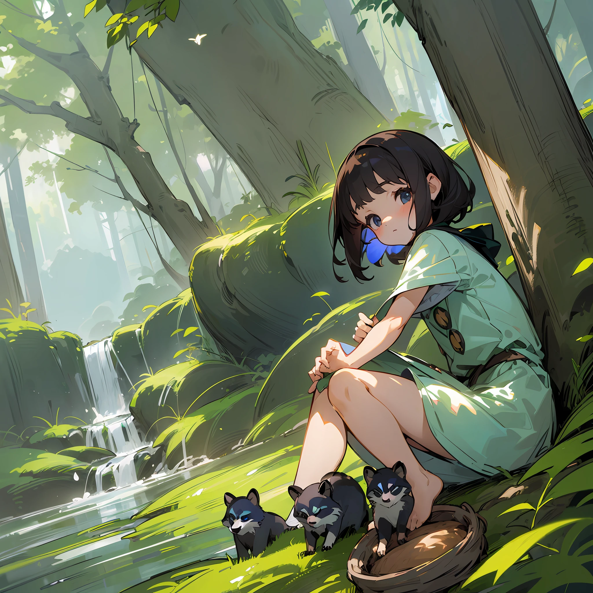 ((drawing, small child 5 nests, fantasy, childish, very bright)),alone in the forest, little girl, dark dark hair brunette, holding butterfly, surrounded by assorted trees, raccoon on the ground, waterfall in the background, birds near the girl, illuminated by the sun. --auto --s2