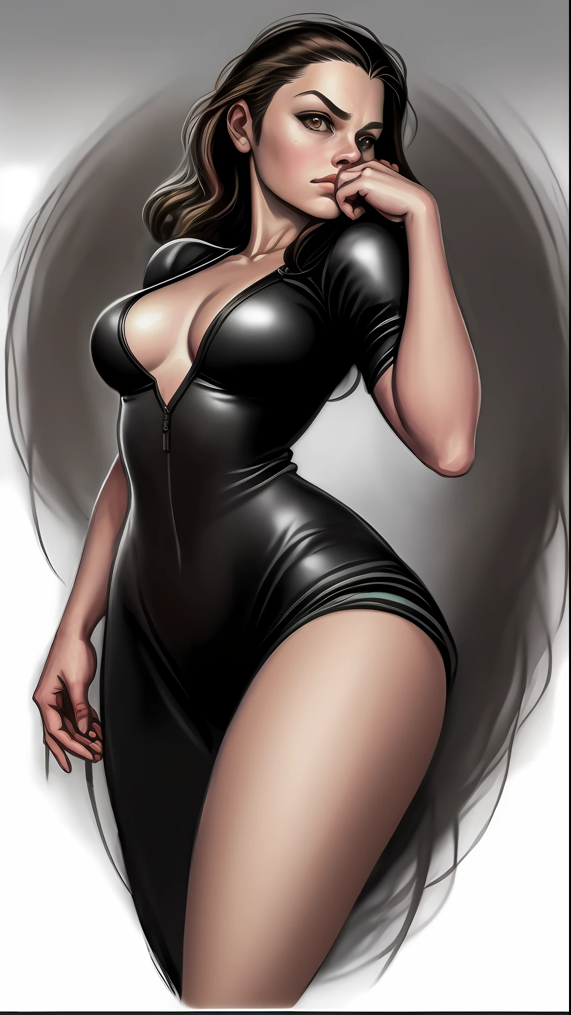 extremely realistic pencil drawing, classic style, front perspective, no background, background no details, in the background there is nothing, inspired by Andre Inkman, Mark Brooks, boris vallejo, tom bagshaw, Jason Edmisto, ilya kuvshinov, chris moore, pinup art, fantasy style