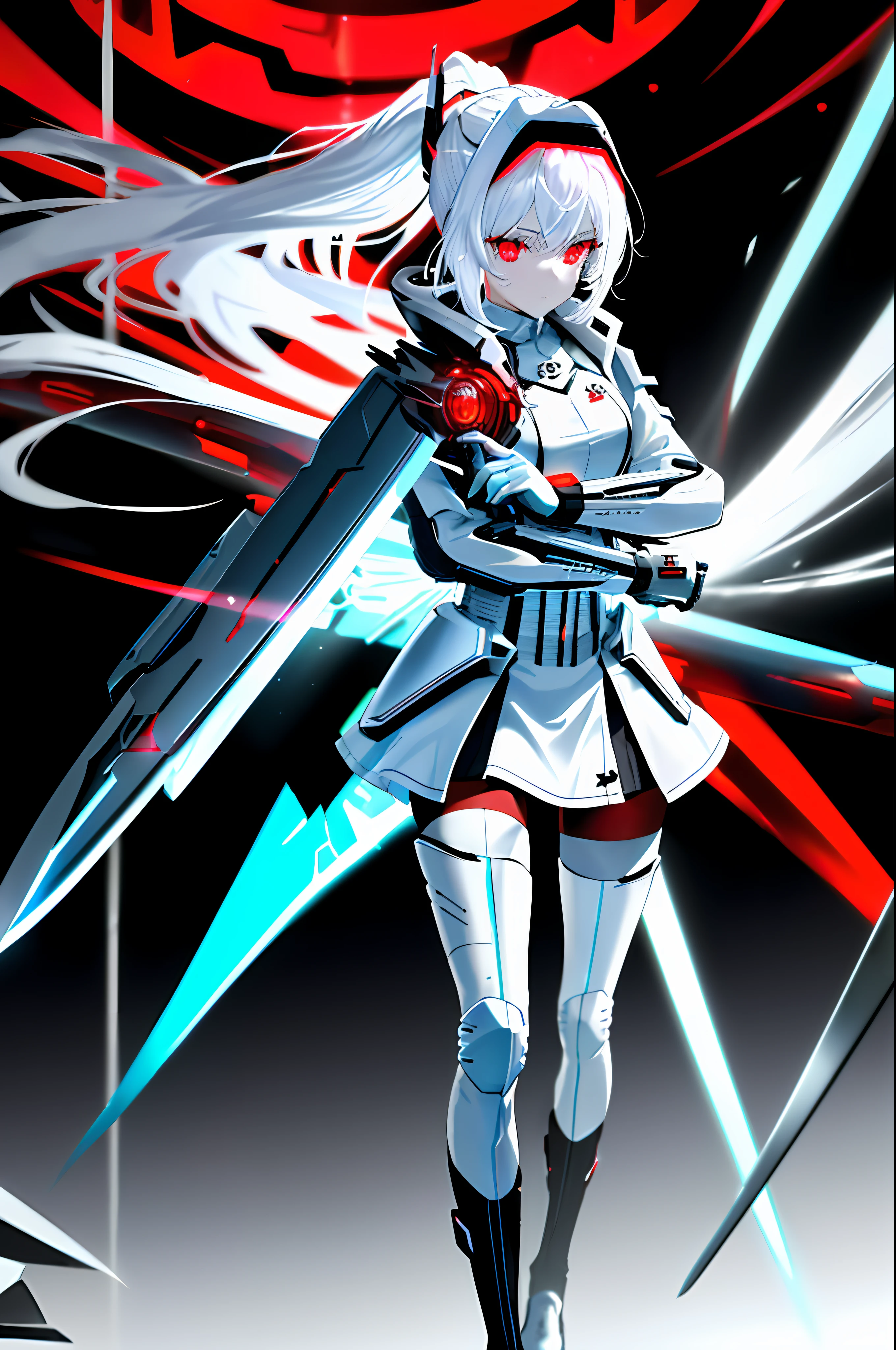Very accurate details, highly detailed 8K wallpaper, (Extraordinary Pretty Girl: 1.5), Break, Light White Hair, Ponytail, Exoskeleton Spine, Tights, (Red Glowing Eyes: 1.1), Break, Perfect Five Fingers, Headgear, Fracture, (Dynamic Angle: 1.4), White Miniskirt, Cyberpunk, World Destruction, (Long and Big Knife with Light Blue: 1.3),