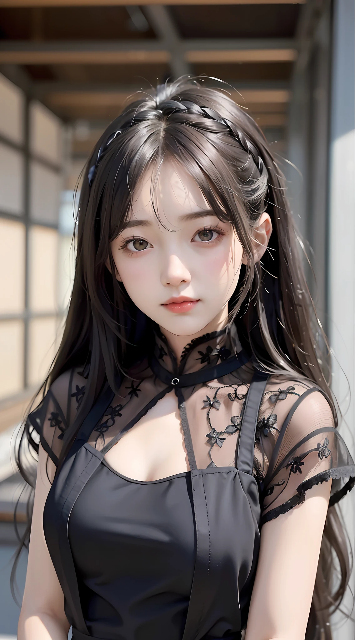 (Top Quality, 8K, Masterpiece: 1.3)), (1 person: 1.4), 1girl, Japan woman, Goddess, 15 years old, portrait photography, high contrast, divine perspective, aperture F1.2, focal length 24mm, (full body: 1.2), smile, photo pose, fine lace, slip dress, simple cut dress, brand dress, simple cut, long black hair, hair tying, ultra detailed skin details, Detailed fabric texture