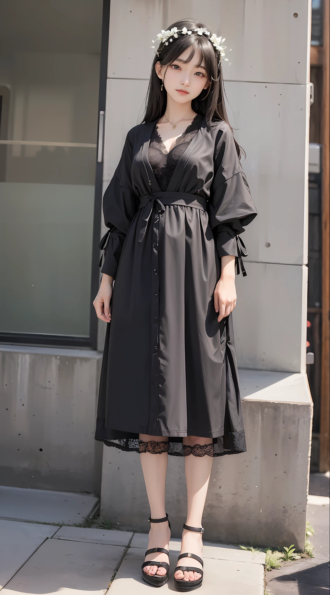 (Top Quality, 8K, Masterpiece: 1.3)), (1 person: 1.4), 1girl, Japan woman, Goddess, , portrait photography, high contrast, divine perspective, aperture F1.2, focal length 24mm, (full body: 1.2), smile, photo pose, fine lace, slip dress, simple cut dress, brand dress, simple cut, long black hair, hair tying, ultra detailed skin details, Detailed fabric texture