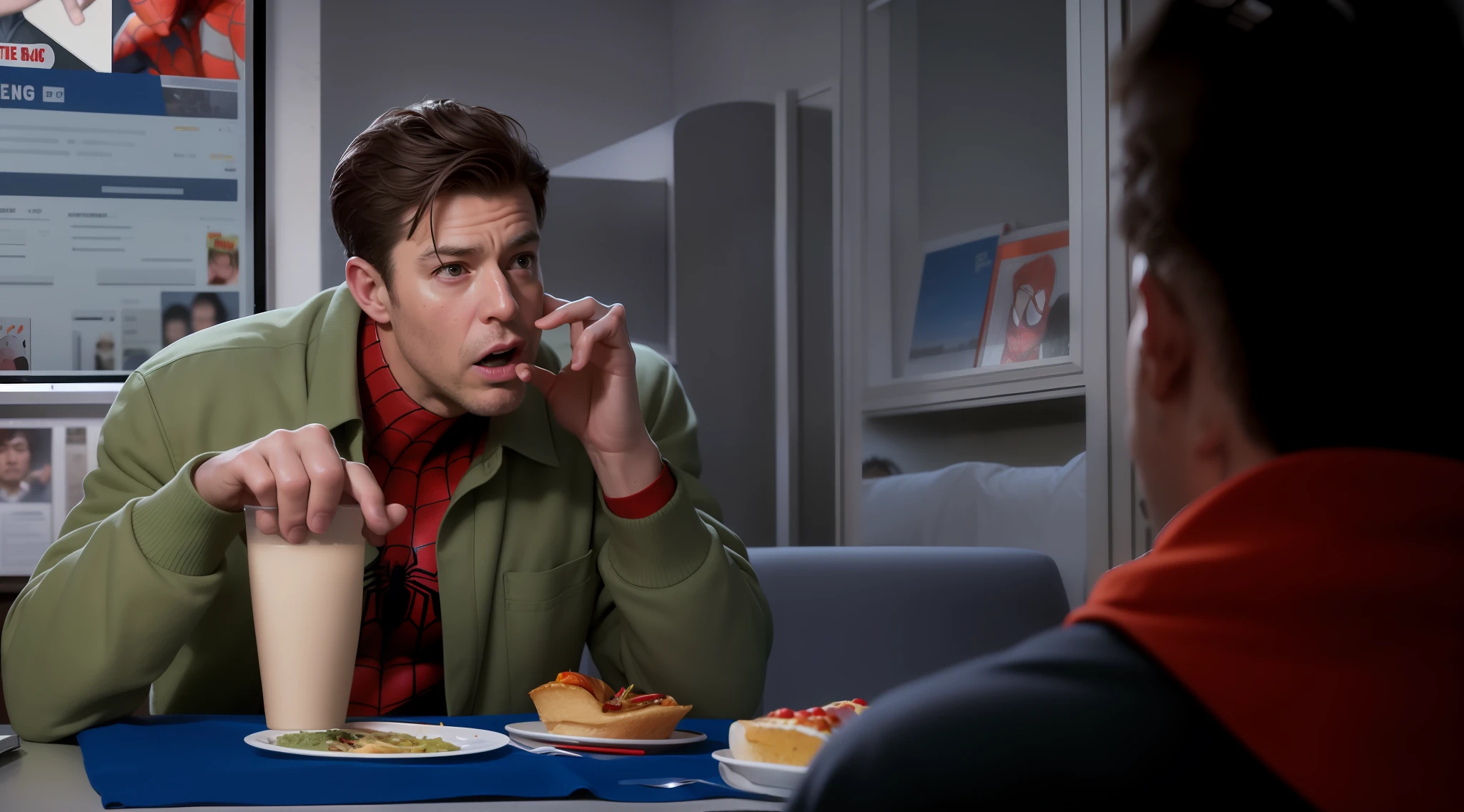 best quality, masterpiece, (realistic: 1.2), real life, live action, Spider-man, Peter Parker, Miles morals, Spider-verse, old peter, Peter B Parker, tired peter, eat, finger in mouth, thumb lick, bigger head, beard, wrinkles