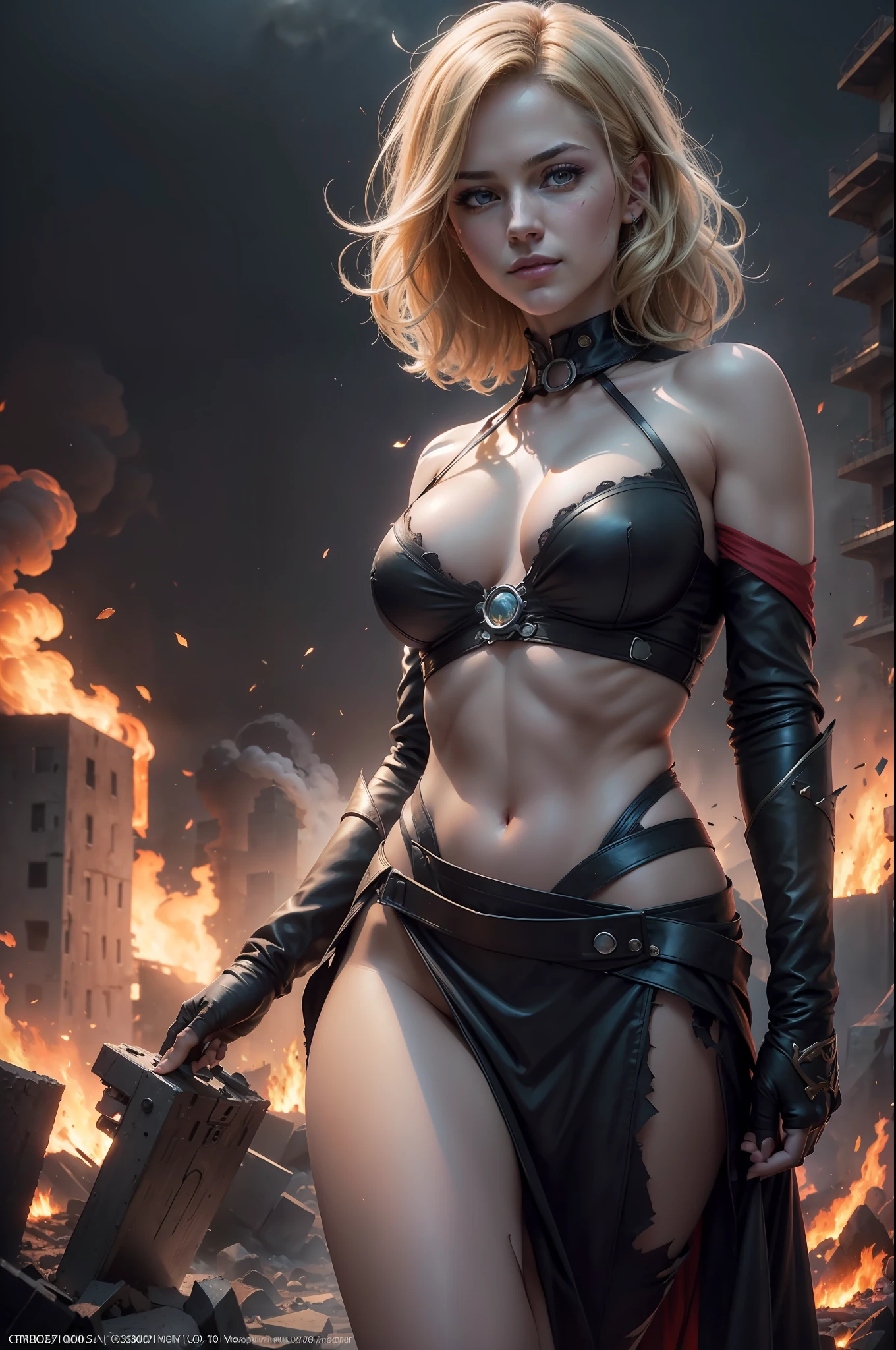 (smoke),( fire), (particles in the air), (dust), (burning rubble),Supergirl, anime, blonde hair, medium boobs, cleavage, perfect face, perfect hands, 5 fingers, seducing smile, v4, 8k, small breasts, ripped costume, bare shoulders, dirty skin, Emerald eyes, nsfw, background: destroyed city, on city building,lex luthor defeated, lex luthor dead, (smoke), (fire), (particles in the air), (dust), (burning rubble), jim lee, ((photorealistic:1.5 )), (photorealism:1.5 ), (8k, raw photo, highest quality, masterpiece), high detail raw color photo professional photo, realistic, (highest quality), (best shadow), ultrahigh resolution, photo, masterpiece, realistic, realism, high contrast, 8k hd high definition detailed realistic, detailed, hyperdetailed, best quality, f lens, rich colors, dramatic lighting, (cinestill 800), ((photorealistic:1.5 )), (photorealism:1.5 ), (8k, raw photo, highest quality, masterpiece), high detail raw color photo professional photo, realistic, (highest quality), (best shadow), ultrahigh resolution, photo, masterpiece, realistic, realism, high contrast, 8k hd high definition detailed realistic, detailed, hyperdetailed, best quality, f lens, rich colors, dramatic lighting, (cinestill 800)