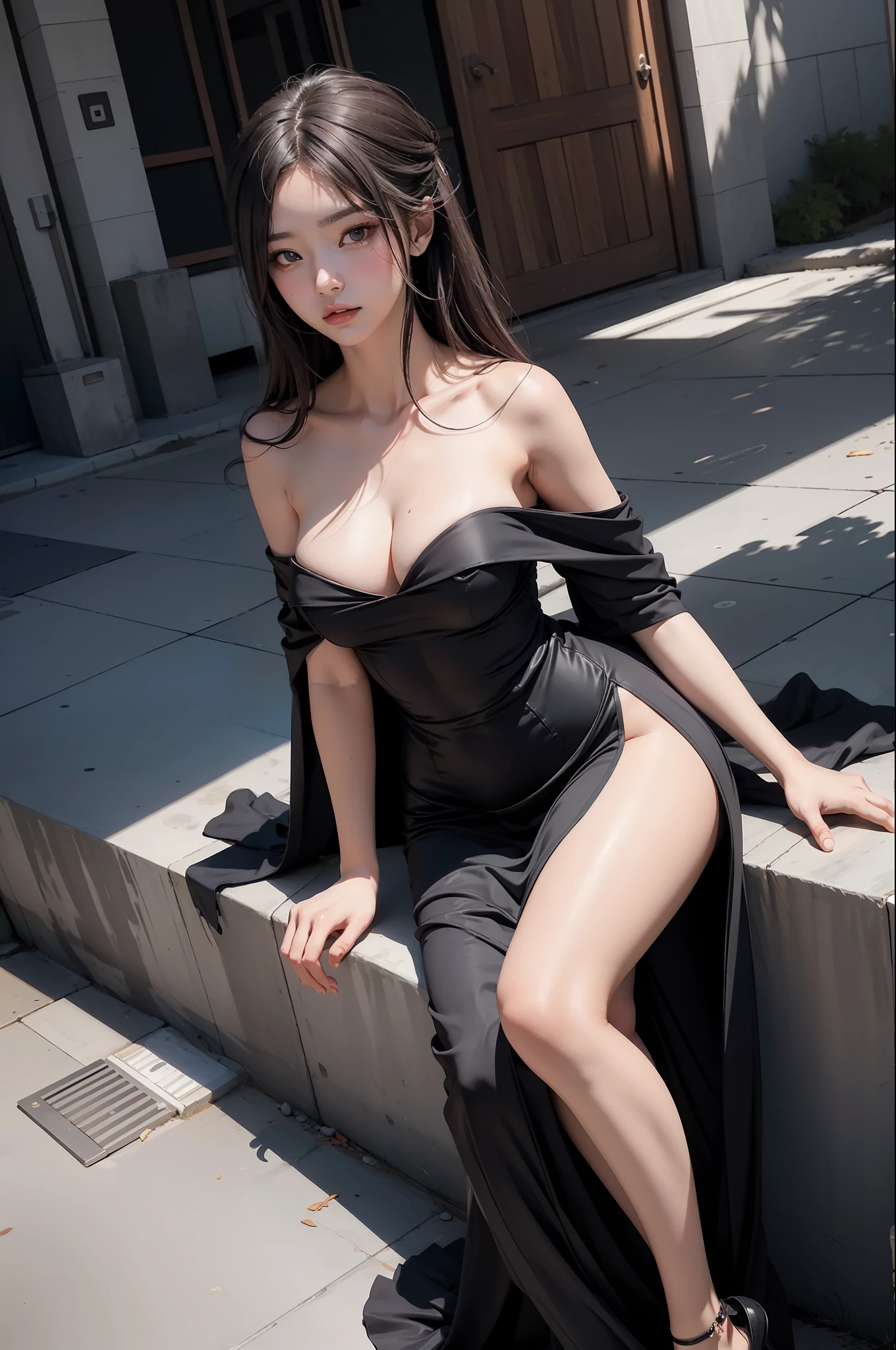 concept art, anime character wearing sexy long small dress, look at viewer, shy blush face, sexy, bare shoulder, unconcerned, NSFW, quality,