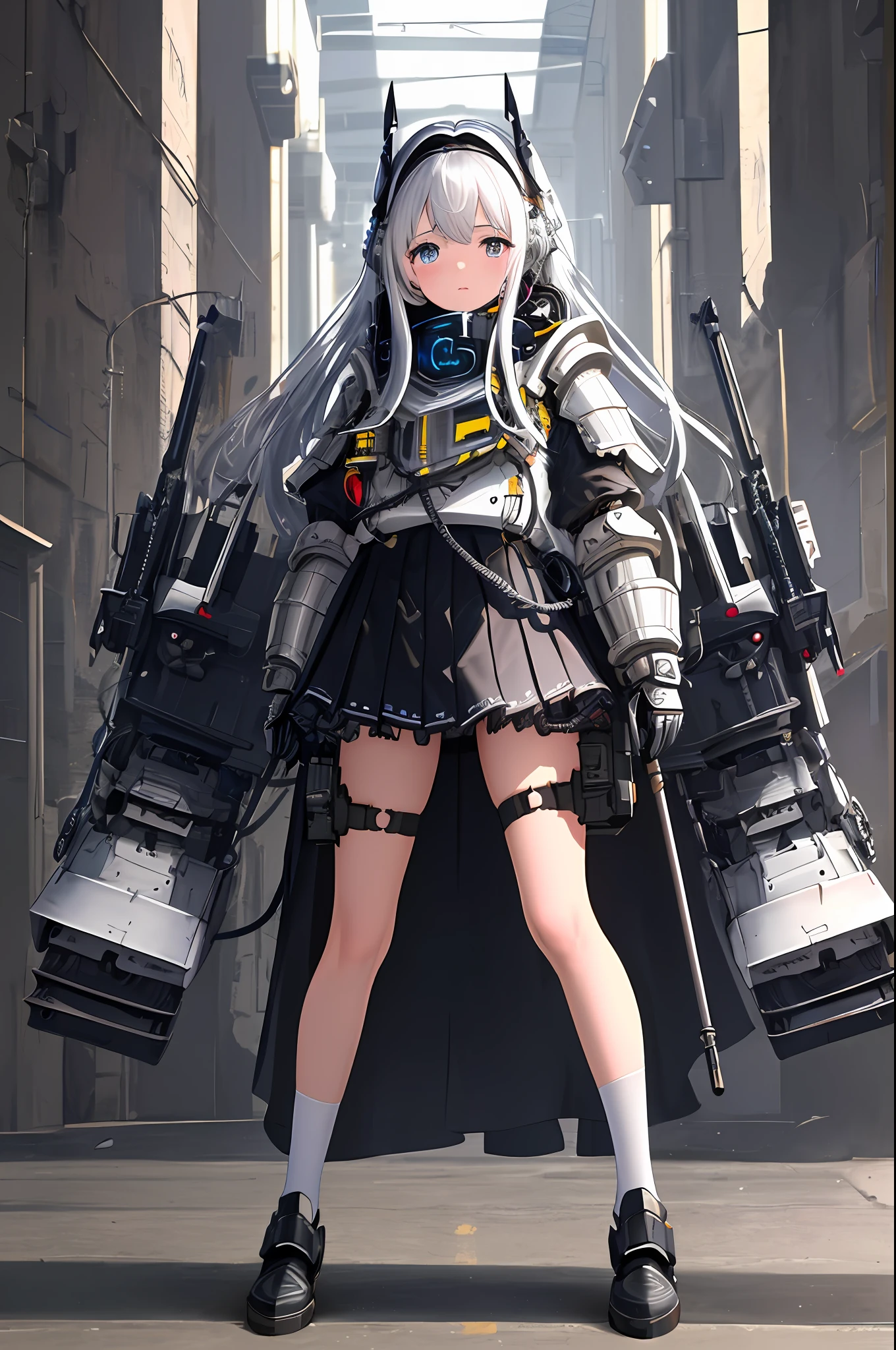 Top quality, masterpieces, masterpieces, highly detailed 8k wallpapers, children, s, headgear covered up to the ears, mechanical joint limbs, whole body covered with heavy mechanical armor, connected cables, tubes connecting the body, long white hair, carrying huge armament, miniskirt-type thrusters, open stance, cowboy_shot, devastated urban combat,