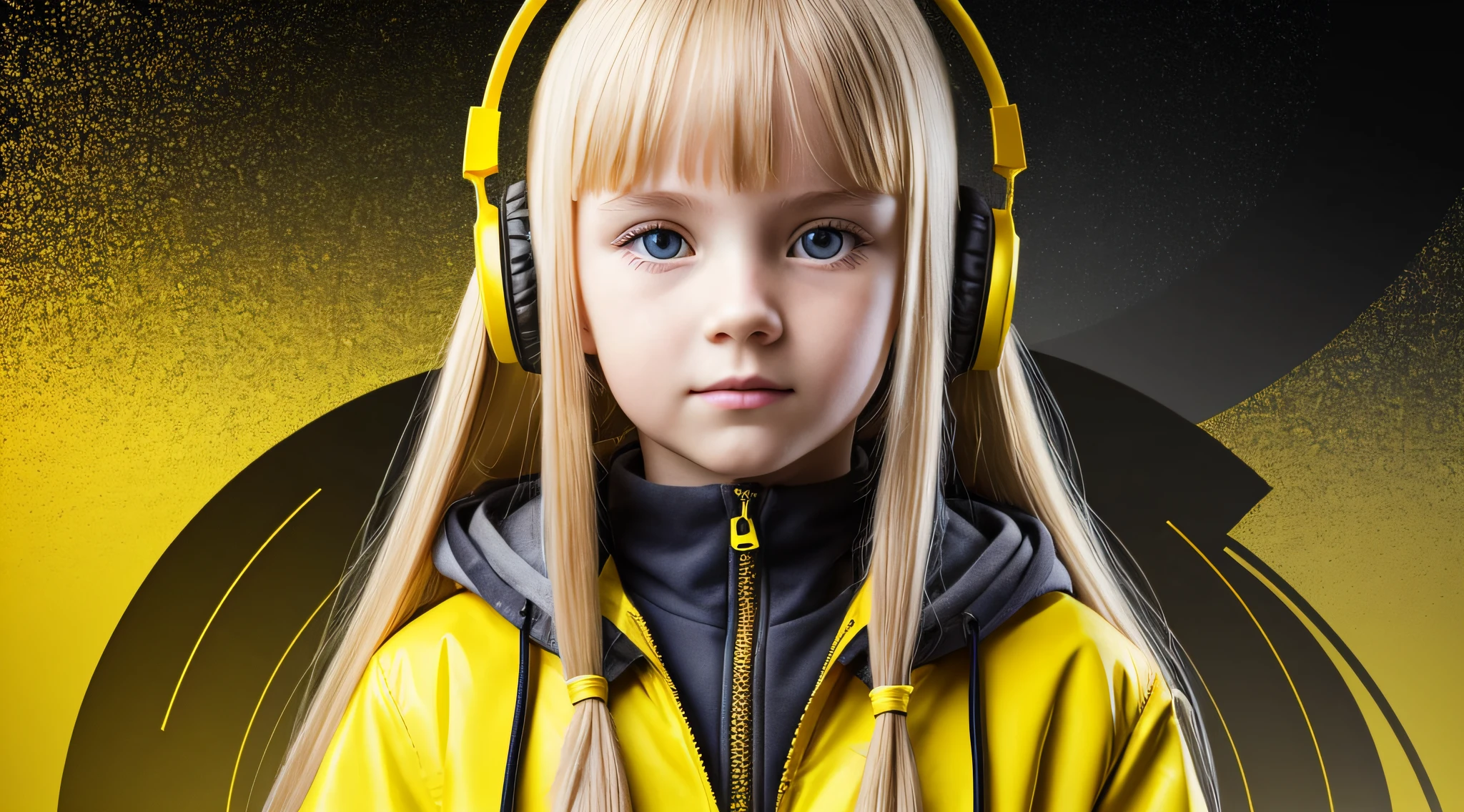 Russian child girl blonde long hair straight, put on headphone jack and change into a cyberpunk yellow coat but do not change the face, yellow background. --auto --s2