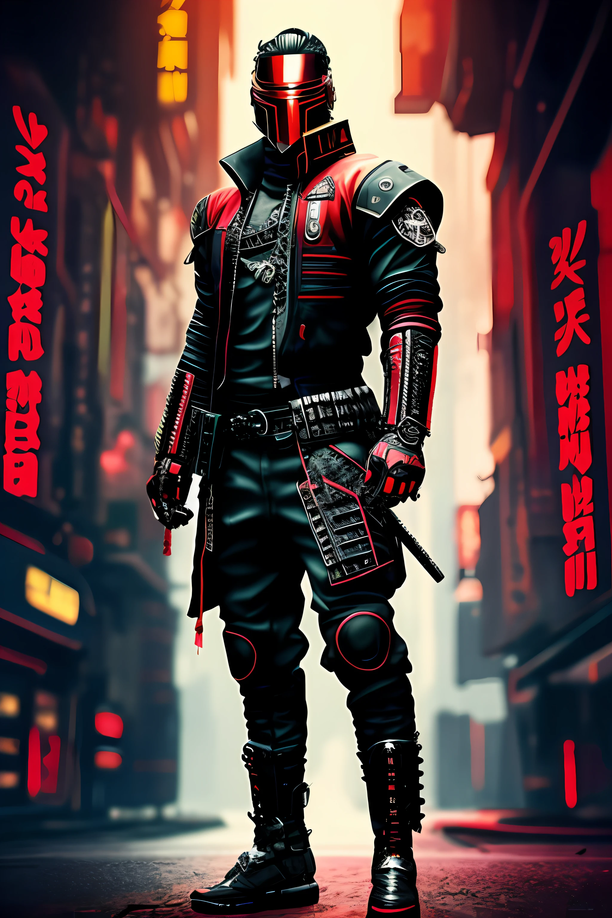Bounty Hunter, cyberpunk samurai, full body, badass pose, black and red clothes, jacked body, cyberpunk europe background .