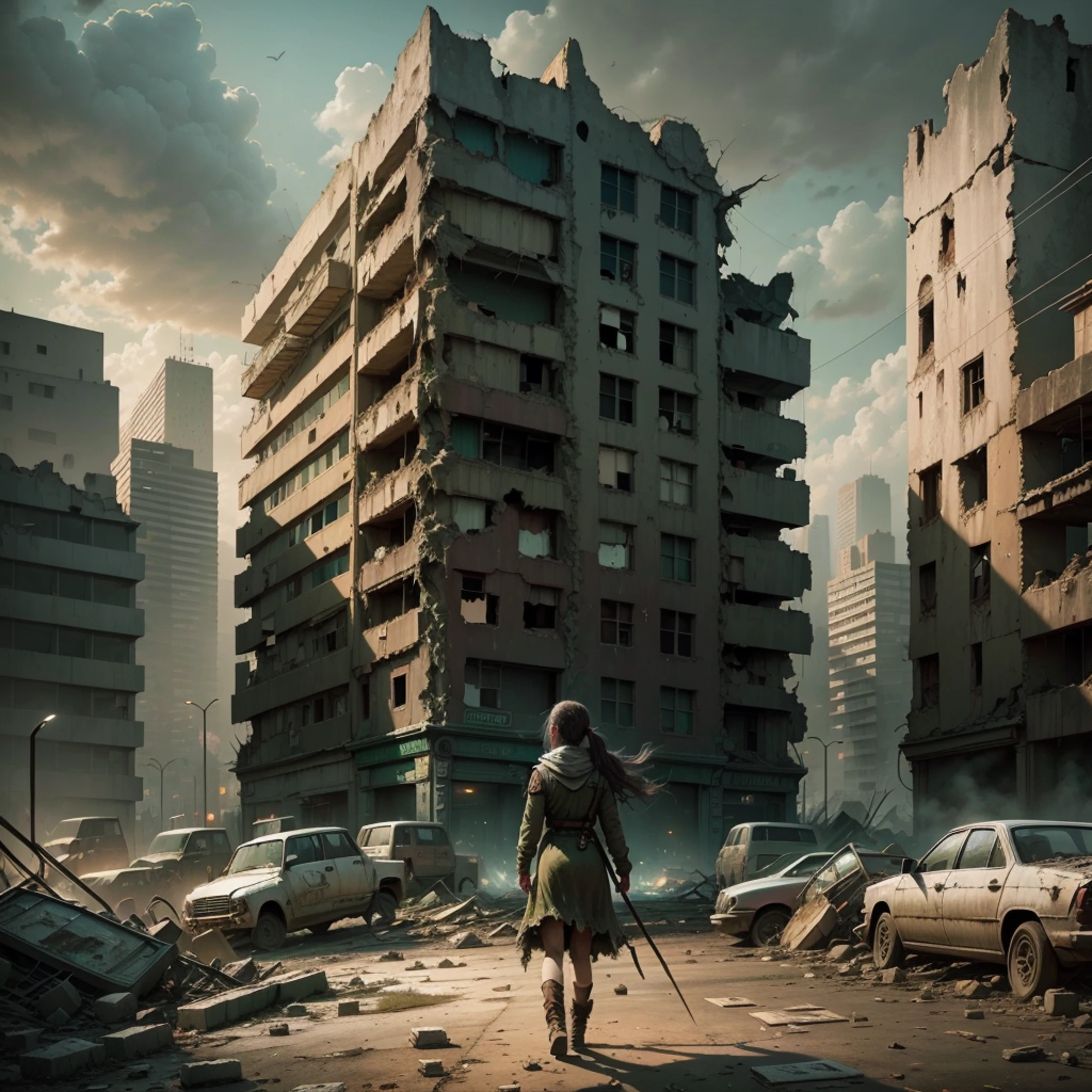 A city in ruins, devastated, at night, dirty, poor, destroyed without light, with zombies --auto --s2