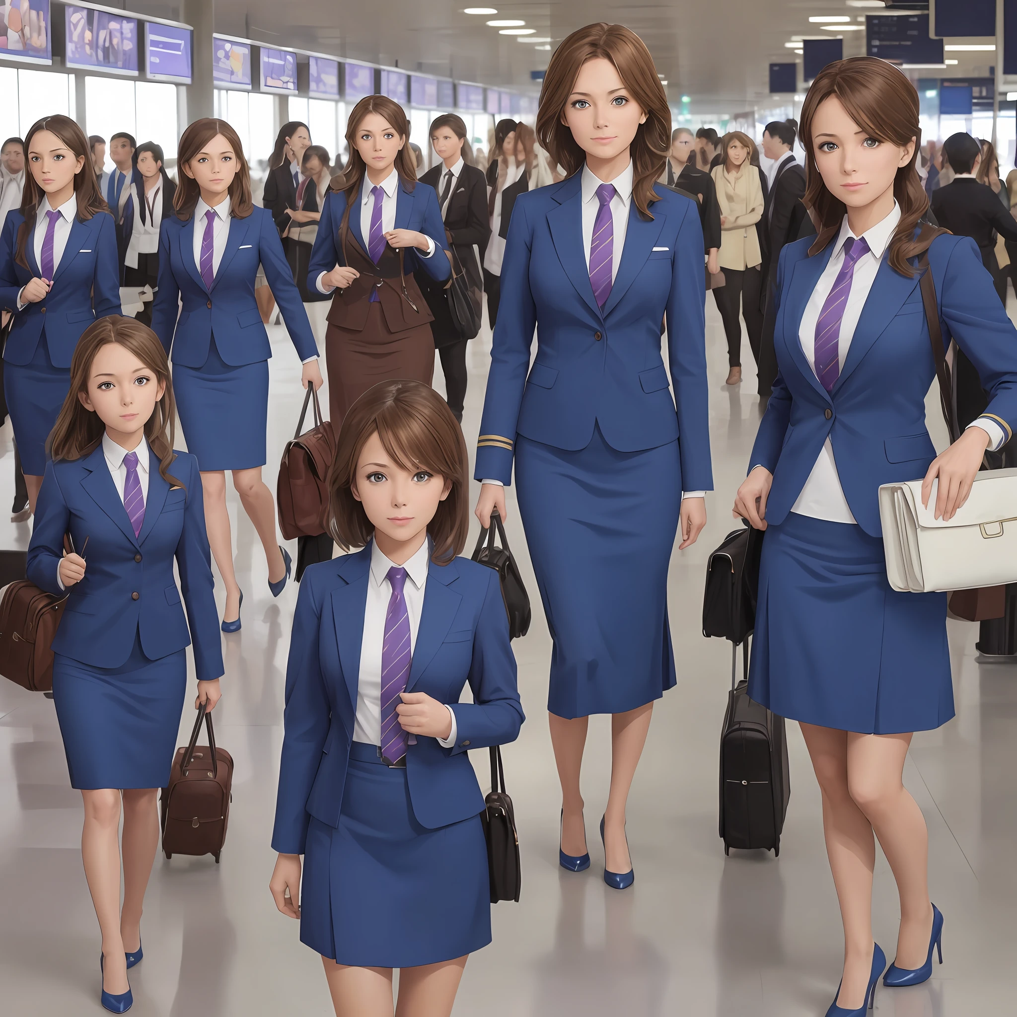 {{Mature female, caucasian}}, looking at viewer, hazel eyes, extremely detailed, medium breasts, brown hair, airport, flight attendant, uniform, blue blazer, necktie, blue skirt, medium skirt, pencil skirt, blue high heels, happy, best quality, high quality, extremely detailed anime screencap, {{{{crowded, multiple girls, thousands of sisters, millions of sisters,billions of sisters, clone, doppelganger, matching outfit, matching hairstyle}}}}, full body