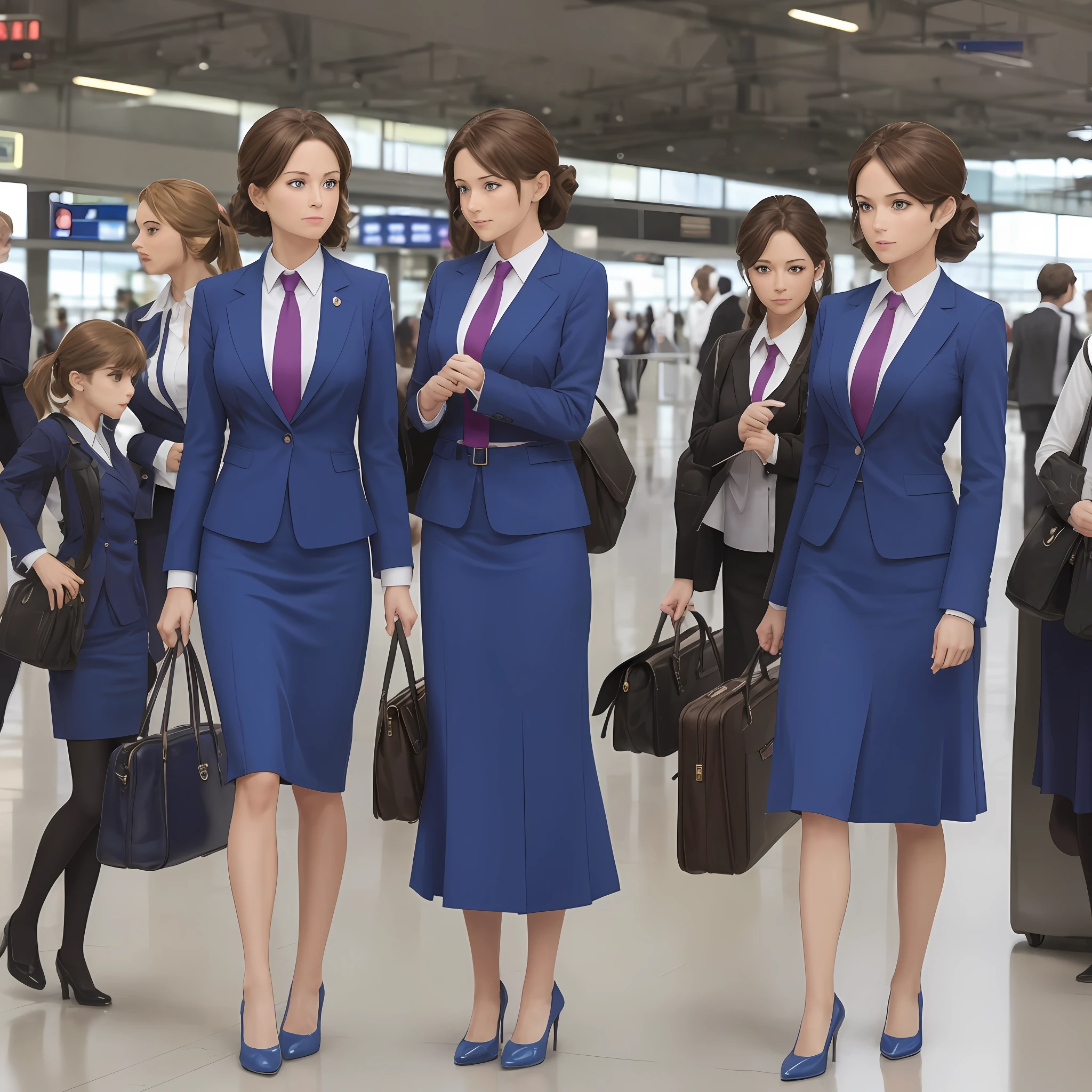 {{Mature female, caucasian}}, looking at viewer, hazel eyes, extremely detailed, medium breasts, brown hair, airport, flight attendant, uniform, blue blazer, necktie, blue skirt, medium skirt, pencil skirt, blue high heels, happy, best quality, high quality, extremely detailed anime screencap, {{{{crowded, multiple girls, thousands of sisters, millions of sisters,billions of sisters, clone, doppelganger, matching outfit, matching hairstyle}}}}, full body