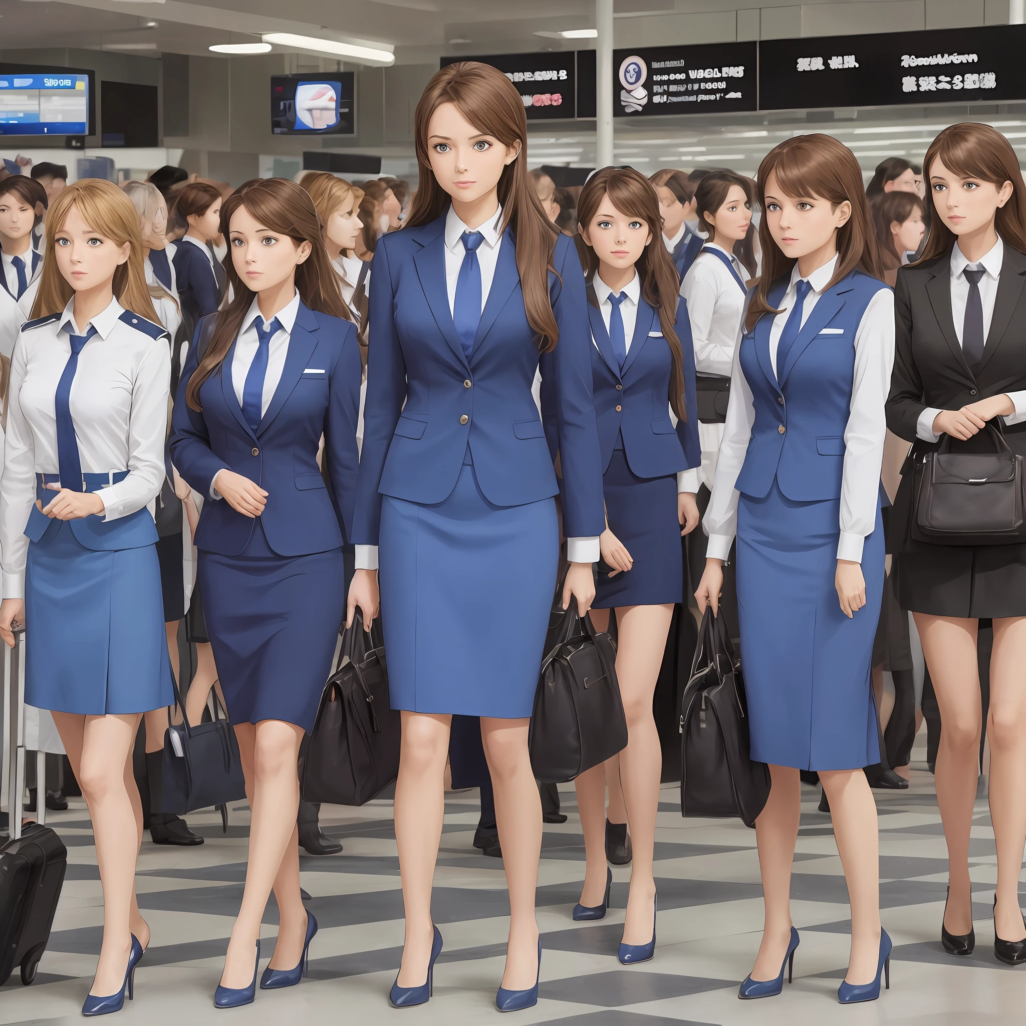{{Mature female, caucasian}}, looking at viewer, hazel eyes, extremely detailed, medium breasts, brown hair, airport, flight attendant, uniform, blue blazer, necktie, blue skirt, medium skirt, pencil skirt, blue high heels, happy, best quality, high quality, extremely detailed anime screencap, {{{{crowded, multiple girls, thousands of sisters, millions of sisters,billions of sisters, clone, doppelganger, matching outfit, matching hairstyle}}}}, full body