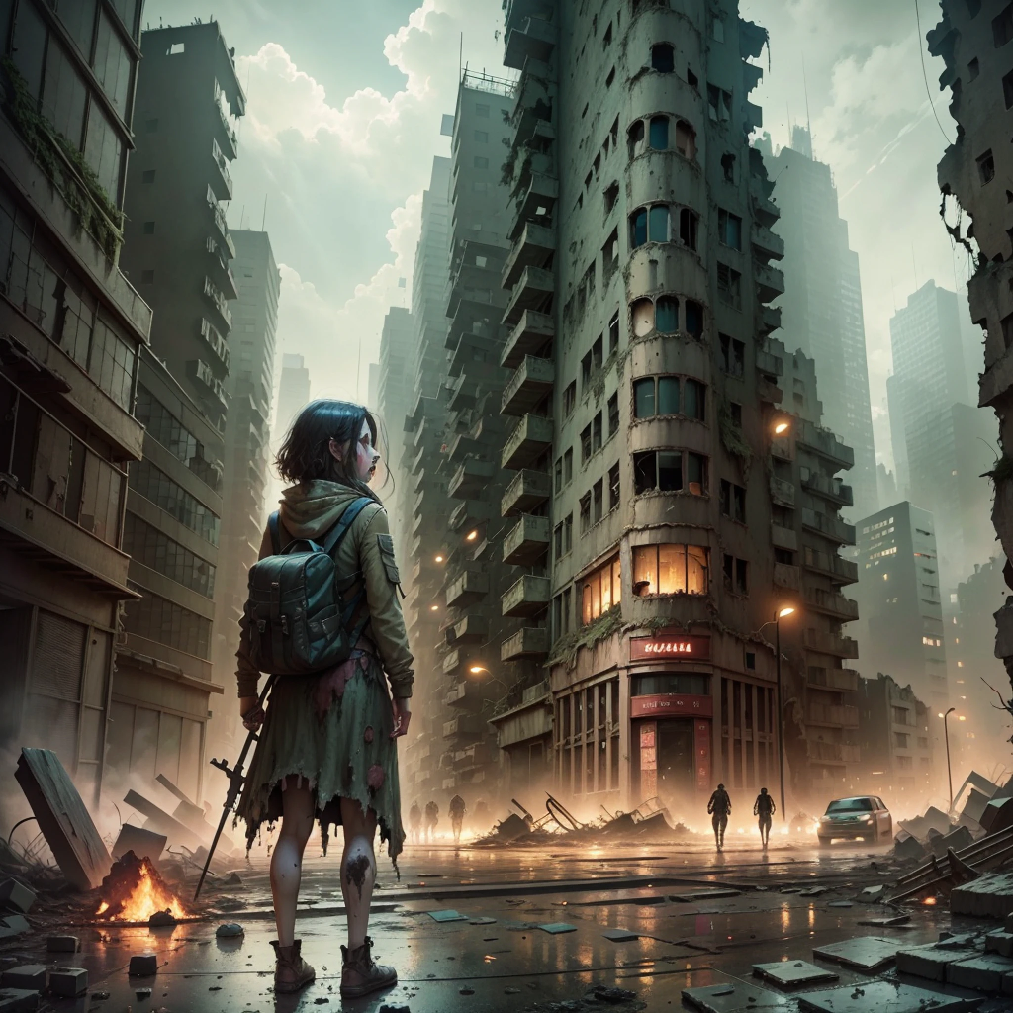 A city in ruins, devastated, at night, dirty, poor, destroyed without light, with zombies --auto --s2