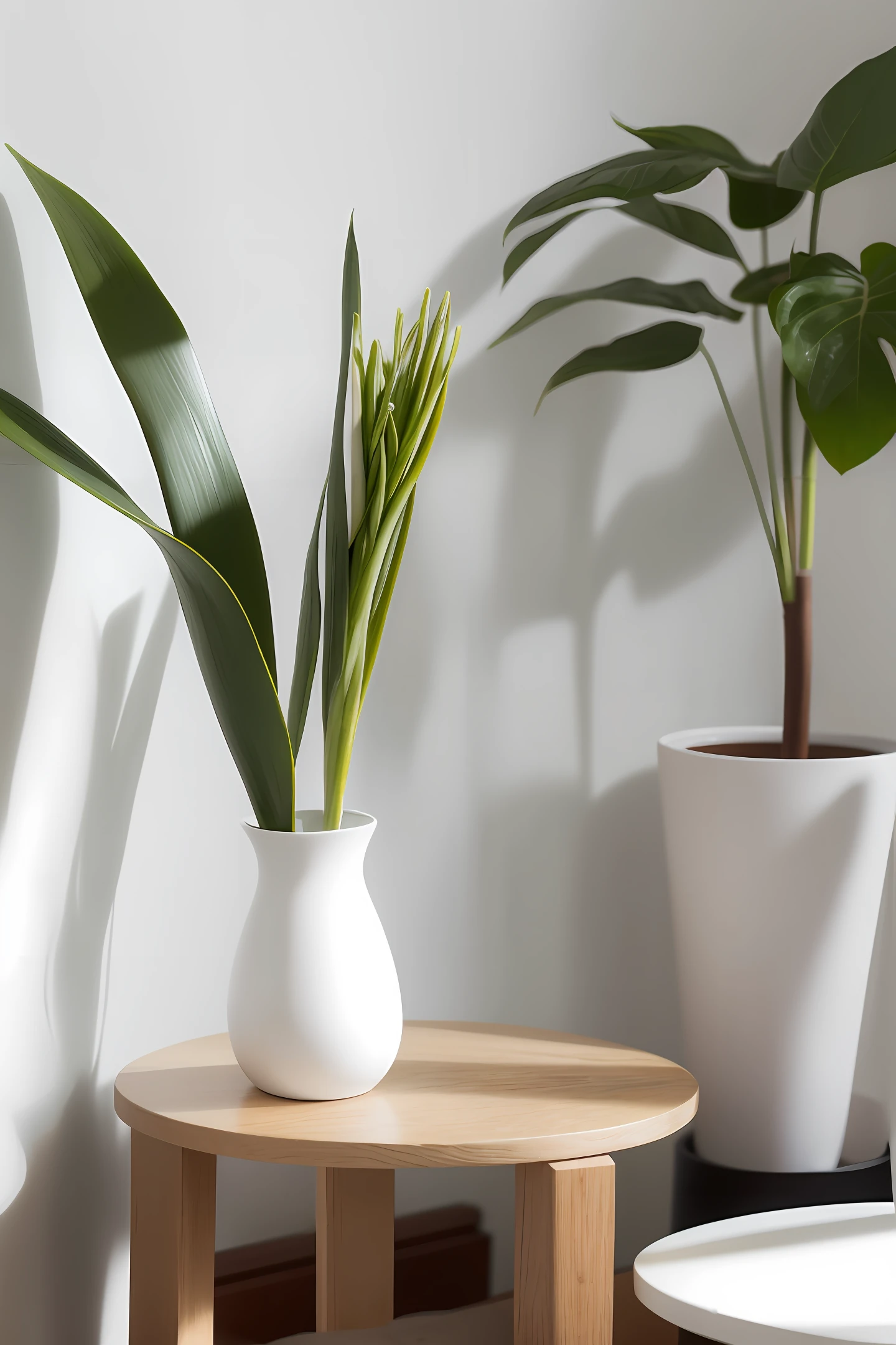 Simple background, white plant vase, aromatic candle, on top of minimalist table
