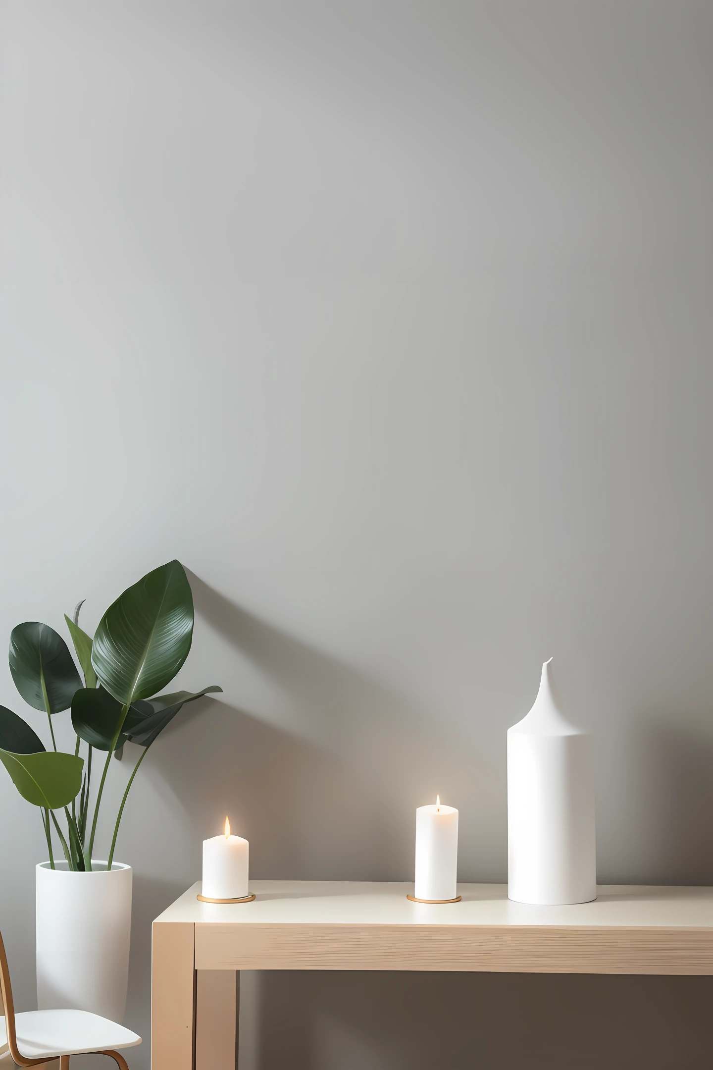 Simple background, white plant vase, aromatic candle, on top of minimalist table
