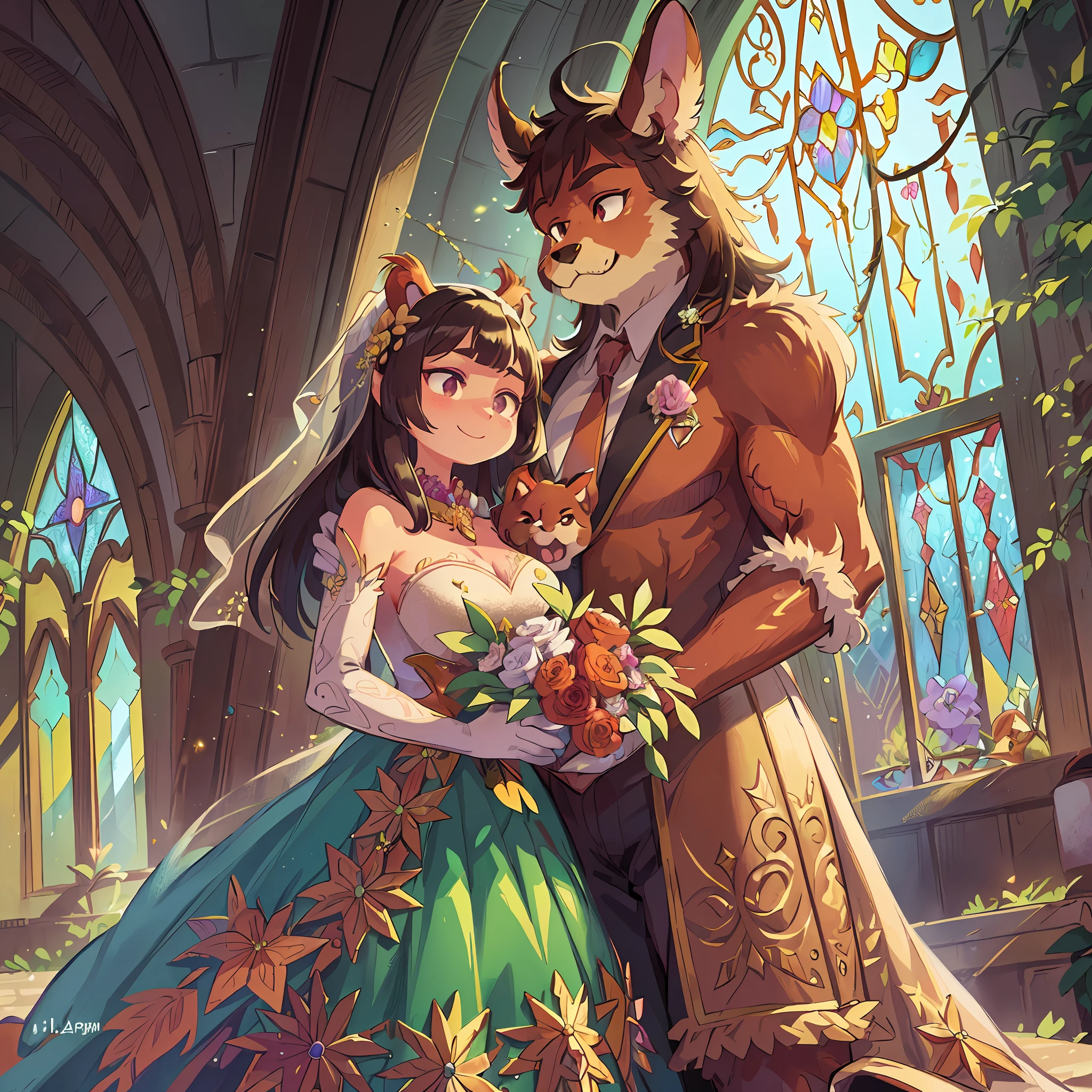 Highest quality, ultra-fine illustrations (association, colorful stained glass with shimmering light, wedding aisles lined with jewel-like lamps) (very detailed beautiful face and eyes) Absurd perfect anatomy ((((Beastman)))) (Beastman husband in tuxedo, beastman wife in wedding dress, husband hugging his wife from behind, beastman in pastor's clothes holding a clear book in his hands, wedding photo, Bouquet of beautiful flowers) (furry antro: 1.7) ((((furry body, animal facial features, animal body features))) (((animal muzzle, very detailed fur)))) full body, smile (dynamic pose),