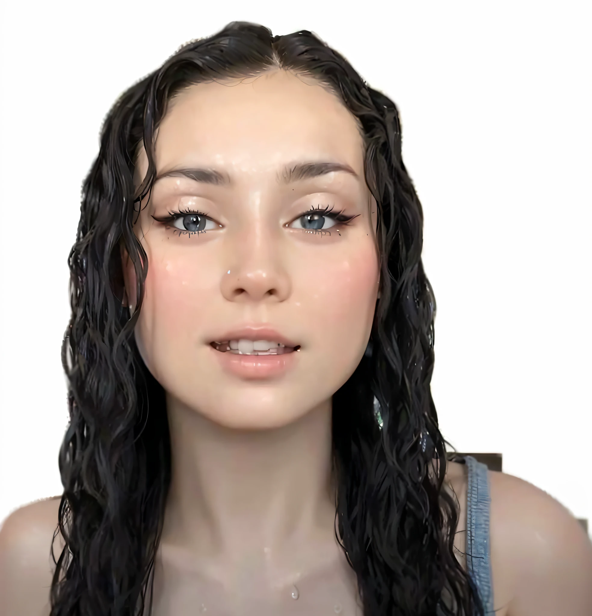 a close up of a woman with long hair and a blue tank top, no makeup wavy hair, wet hair, wet dripping long hair, sexy face with full makeup, soaking wet hair, wet flowing hair, wet dripping hair, charli bowater, she is facing the camera, black hair and large eyes, wet make - up, sultry look