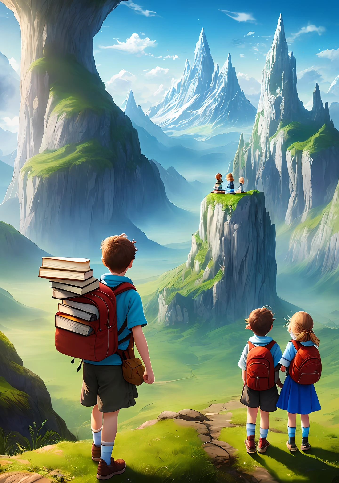 (Two children with adventurous spirit,) (one holding a book and the other holding a book,) (setting out on a great journey through a magical world,)