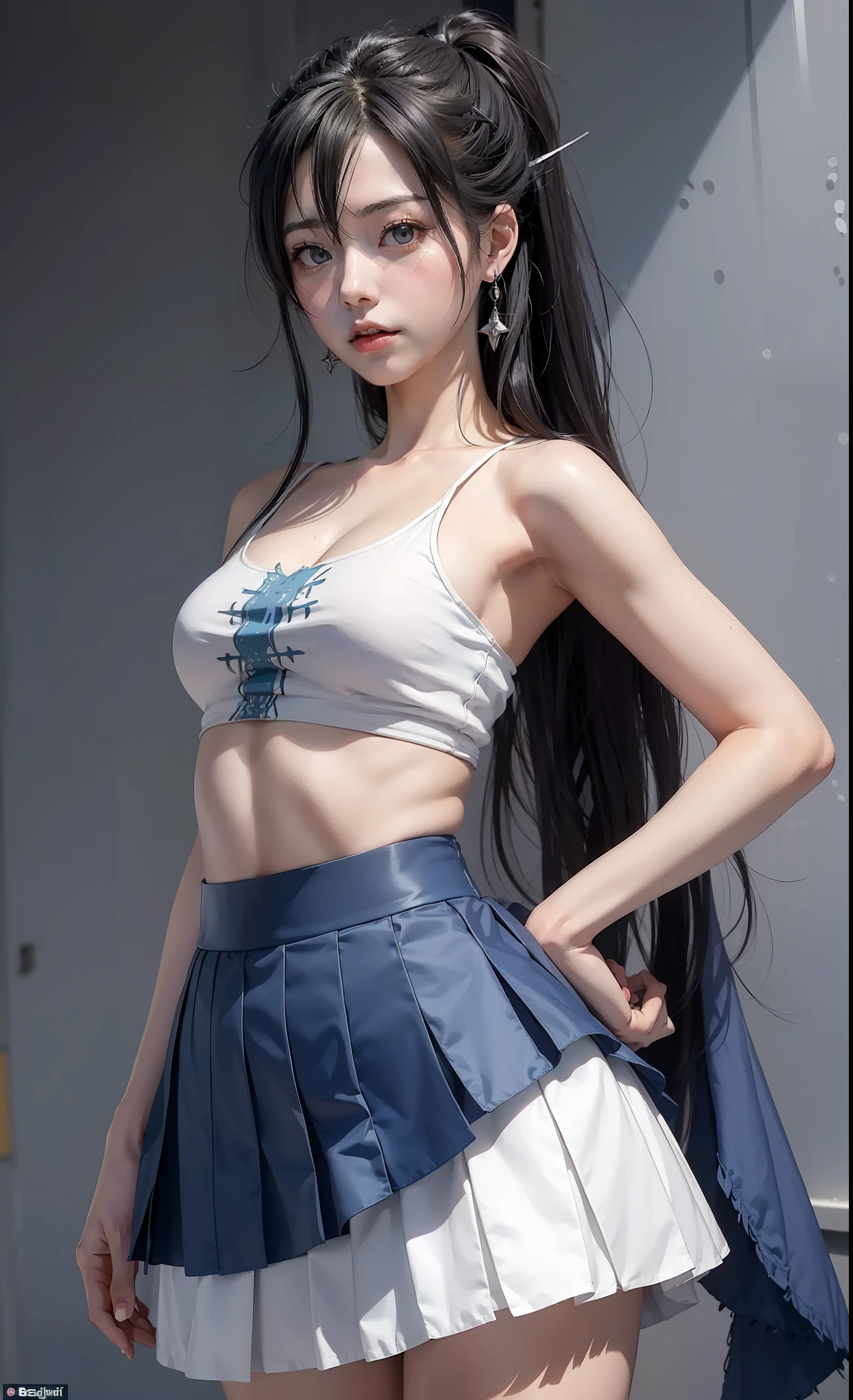 concept art, (((anime character Hildagarde & Aoi Kunieda  from beelzebub))), wearing sexy small top & skirt, skirt floating, hips,  look at viewer, shy blush face, sexy, bare shoulder, unconcerned, NSFW, quality,