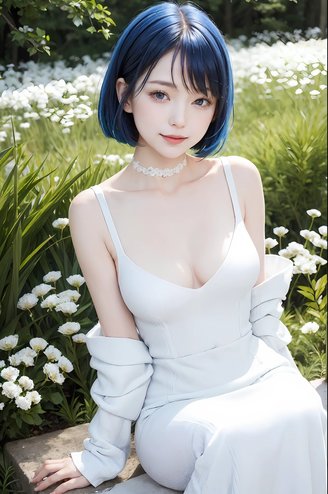 (saturation:1.6),A japanese woman stands in a park where white clover blooms all around, a forest can be seen in the background, exquisite and beautiful face, exquisite collarbone, seductive and delicate collarbone, charming A japanese woman stands in a park where white clover blooms all around, a forest can be seen in the background, exquisite and beautiful face, exquisite collarbone, seductive and delicate collarbone, charming fragrant shoulders, shoulders slightly exposed, open-shoulder long sweater,sky blue sweater, pretty face, peach Red lips, tender and smooth skin,(white skin:1.6),black hair,(bob hair:1.2), short hair,(smile:1.2),smile with teeth, white teeth,realistic details, ultra-high resolution,bokeh,pigeon chest, full body
