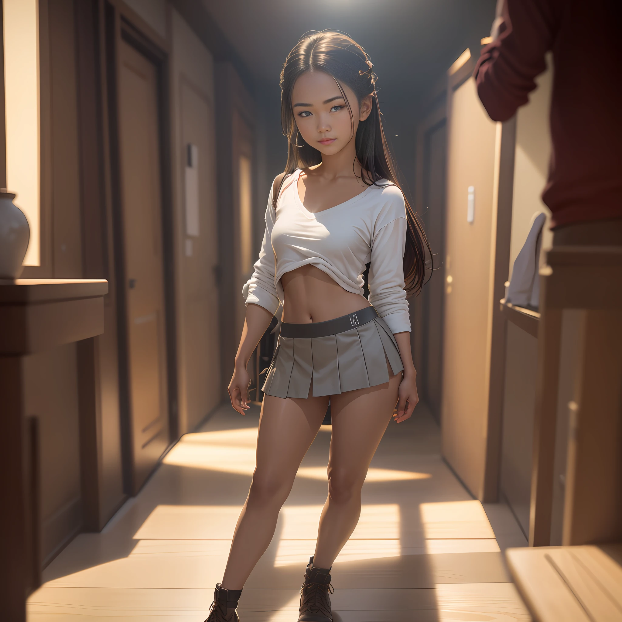 Highest quality, full body detail, golden ratio, (theater lighting: 0.7), masterpiece, audience angle shot, (tanned 18-year-old Filipino girl Andrea Lee), looks happy, (standing on the floor wearing a shirt on the viewing groove, pulling up her skirt to look at her panties), full body portrait, perfect face, amazing eyes, vivid details, (highly detailed skin), accent lighting (backlight: 0.5), depth of field, iPhone 6, 20mm lens, f/4 aperture, (Super Detail), Clear Focus, Soft Colors, 8K, Conscious, 8mm Film Grain, War Photography, Angle Up Shooting