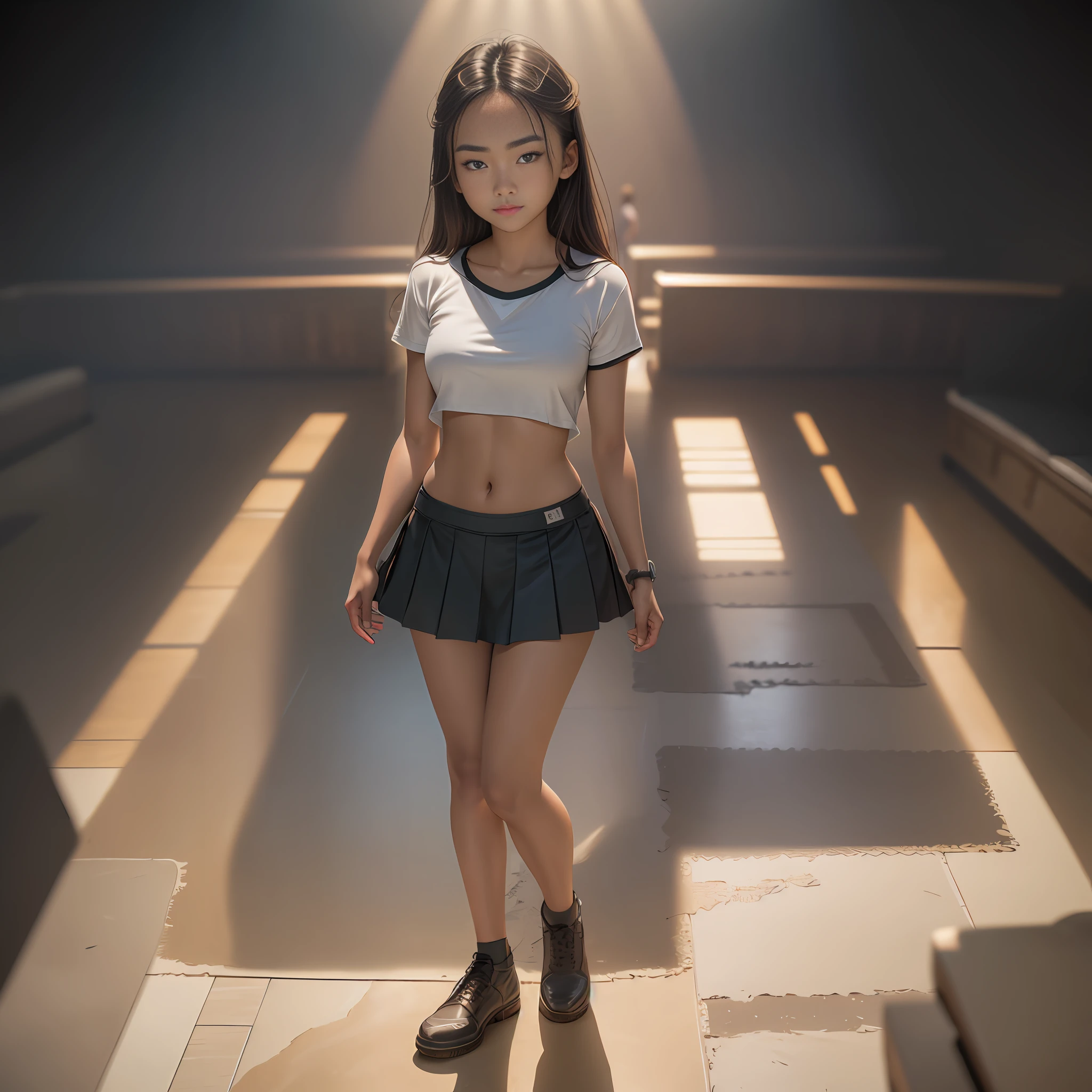 Highest quality, full body detail, golden ratio, (theater lighting: 0.7), masterpiece, audience angle shot, (tanned 18-year-old Filipino girl Andrea Lee), looks happy, (standing on the floor wearing a shirt on the viewing groove, pulling up her skirt to look at her panties), full body portrait, perfect face, amazing eyes, vivid details, (highly detailed skin), accent lighting (backlight: 0.5), depth of field, iPhone 6, 20mm lens, f/4 aperture, (Super Detail), Clear Focus, Soft Colors, 8K, Conscious, 8mm Film Grain, War Photography, Angle Up Shooting