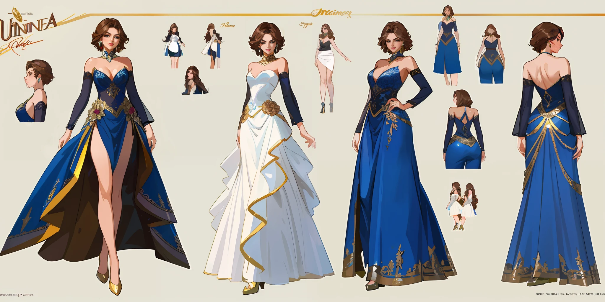 Best quality, ung woman, character sheet, concept art, (full body, masterpiece: 1.2), (best quality: 1.3), insanely beautiful Brazilian woman, short windy light brown hair, 1 perfect body stunning woman on his 20s, Miss Universe pageant winner, wearing a fancy designer evening gown, fancy shoes, wearing Miss Universe crowning, with a bouquet of flowers, winner attitude pose, with short windy light brown hair, assorted poses, bold colors, intricate, elegant, highly detailed, digital painting, art station, concept art.