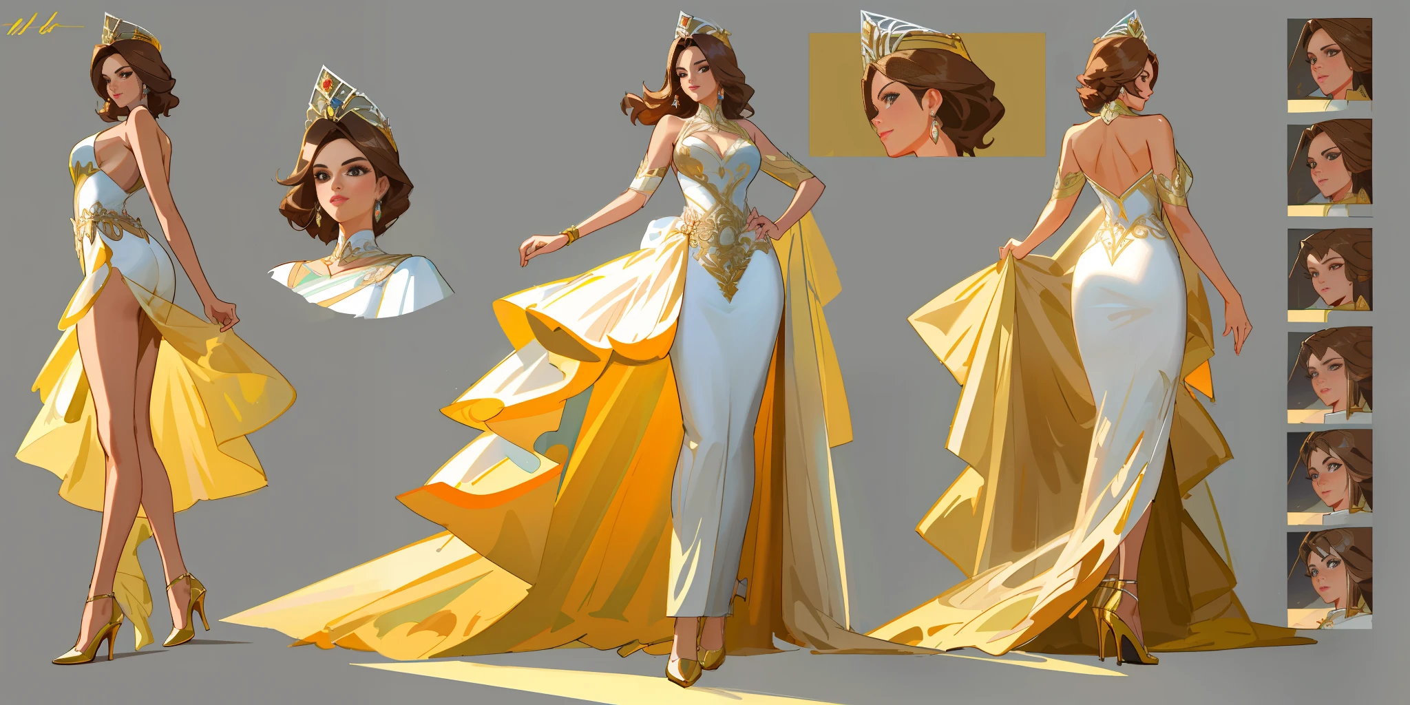 Best quality, 1 young woman, character sheet, concept art, (full body, masterpiece: 1.2), (best quality: 1.3), insanely beautiful Brazilian woman, short windy light brown hair, 1 perfect body stunning woman on his 20s, Miss Universe pageant winner, wearing a fancy designer evening gown, fancy shoes, wearing Miss Universe crowning, with a bouquet of flowers, winner attitude pose, with short windy light brown hair, assorted poses, bold colors, intricate, elegant, highly detailed, digital painting, art station, concept art.