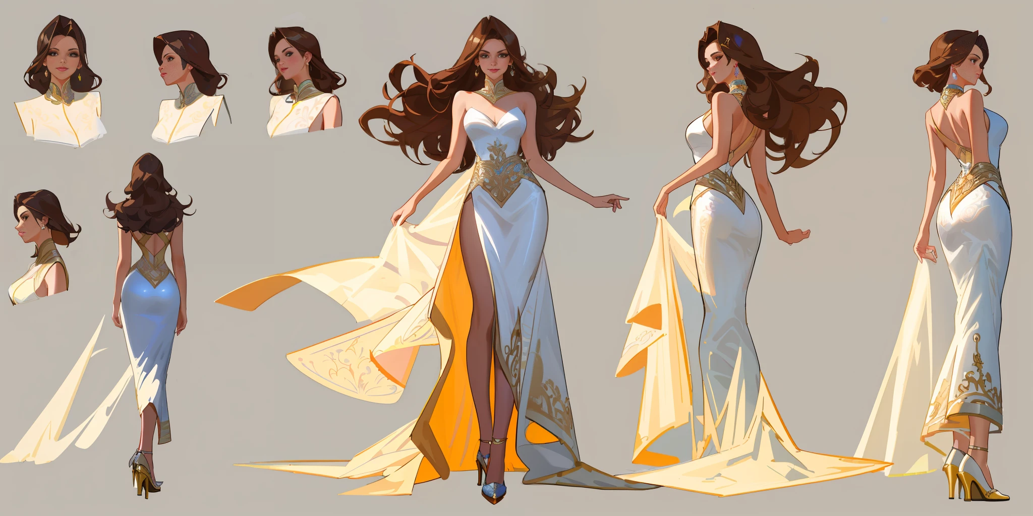 Best quality, ung woman, character sheet, concept art, (full body, masterpiece: 1.2), (best quality: 1.3), insanely beautiful Brazilian woman, short windy light brown hair, 1 perfect body stunning woman on his 20s, Miss Universe pageant winner, wearing a fancy designer evening gown, fancy shoes, wearing Miss Universe crowning, with a bouquet of flowers, winner attitude pose, with short windy light brown hair, assorted poses, bold colors, intricate, elegant, highly detailed, digital painting, art station, concept art.