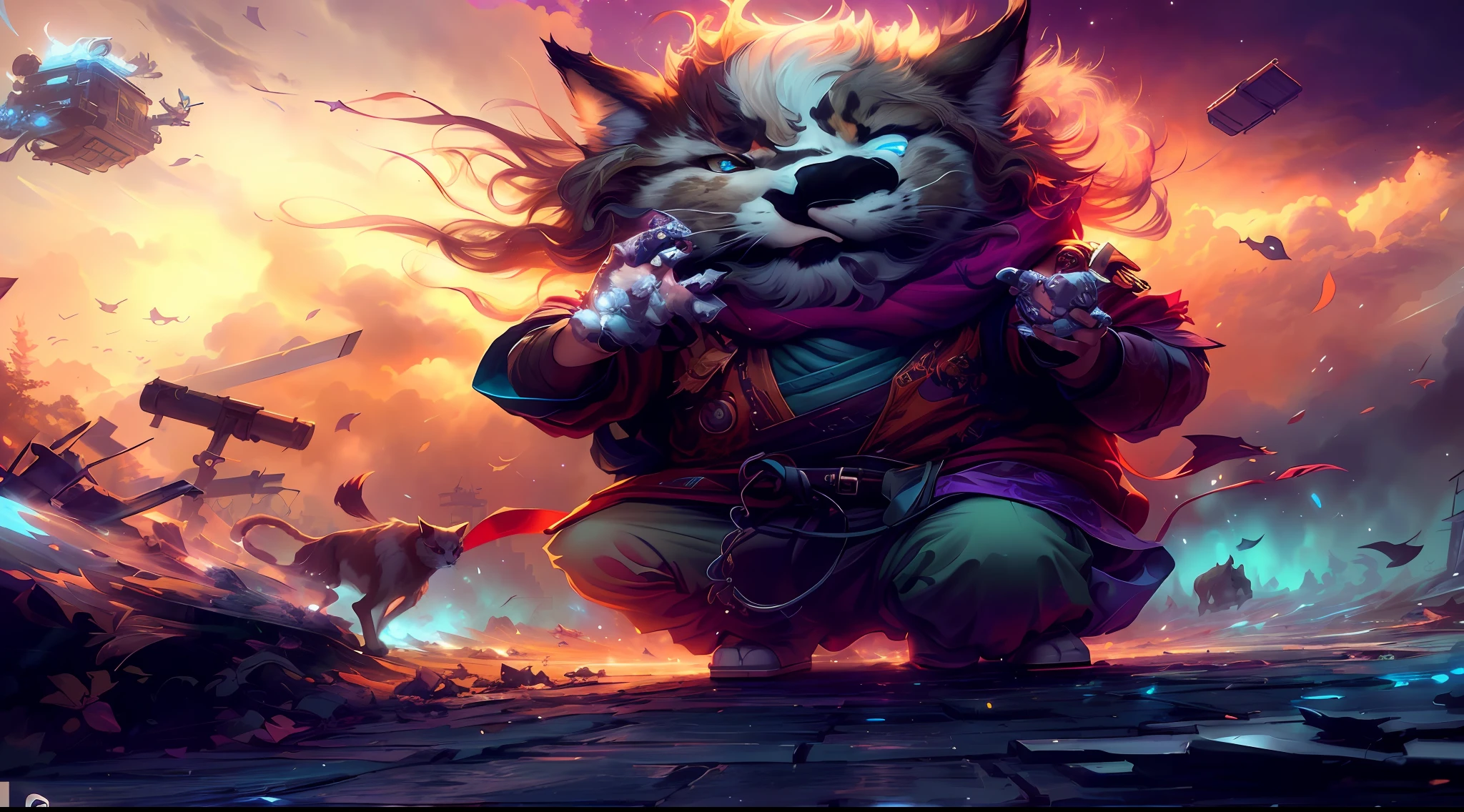 a close up of a person with a cat on a street, cyril rolando and goro fujita, furry fantasy art, 4k highly detailed digital art, epic digital painting, epic digital art illustration, 4k detailed digital art, epic art style, colorfull digital fantasy art, detailed digital 2d fantasy art, by Aleksi Briclot, wojtek fus
