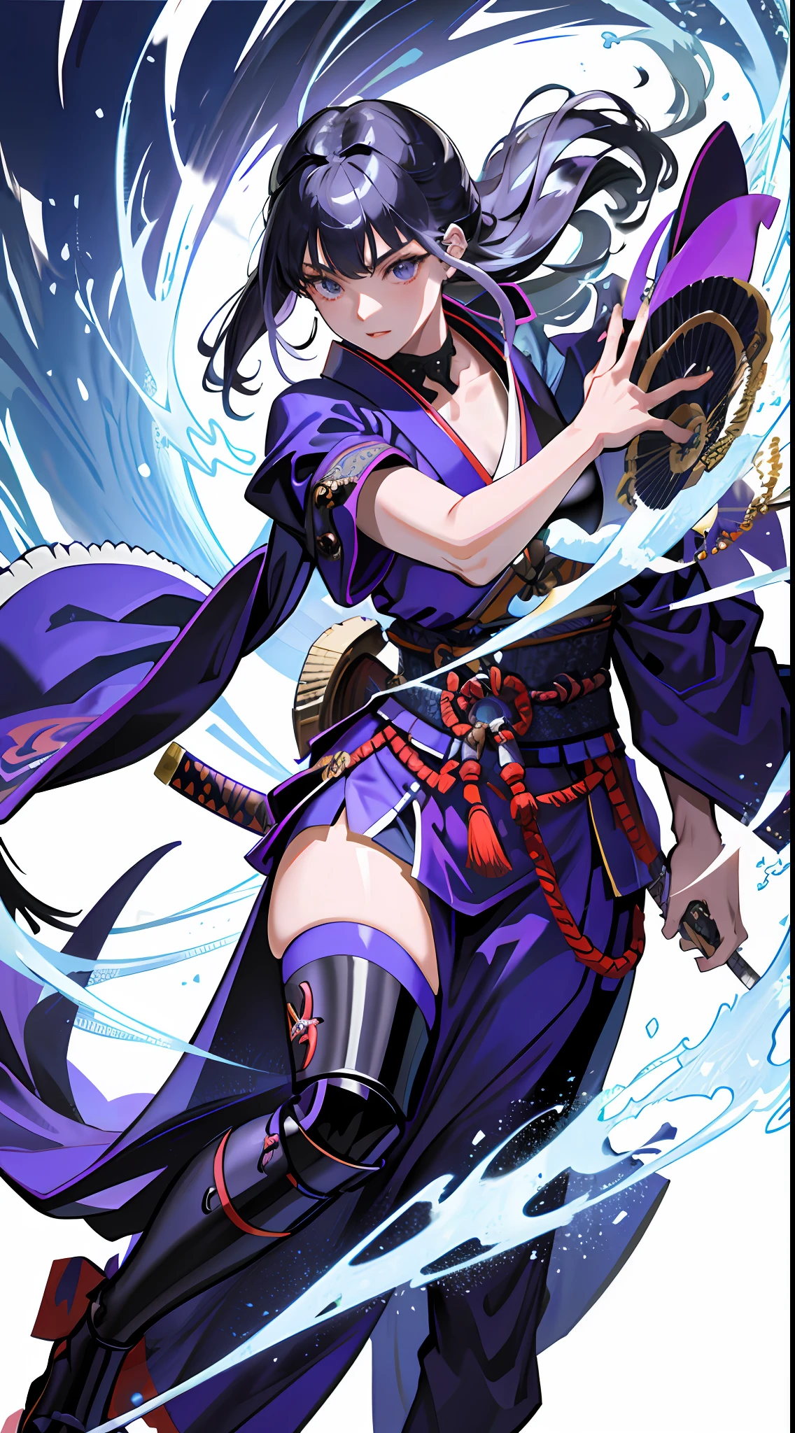 masterpiece, top quality, high resolution, solo, mahokenshi inspired, female samurai , samurai from the house safire, masters of defense, ice mountains, hyper detailed, japanese sexy armor, silver and purple details, katana, defensive style