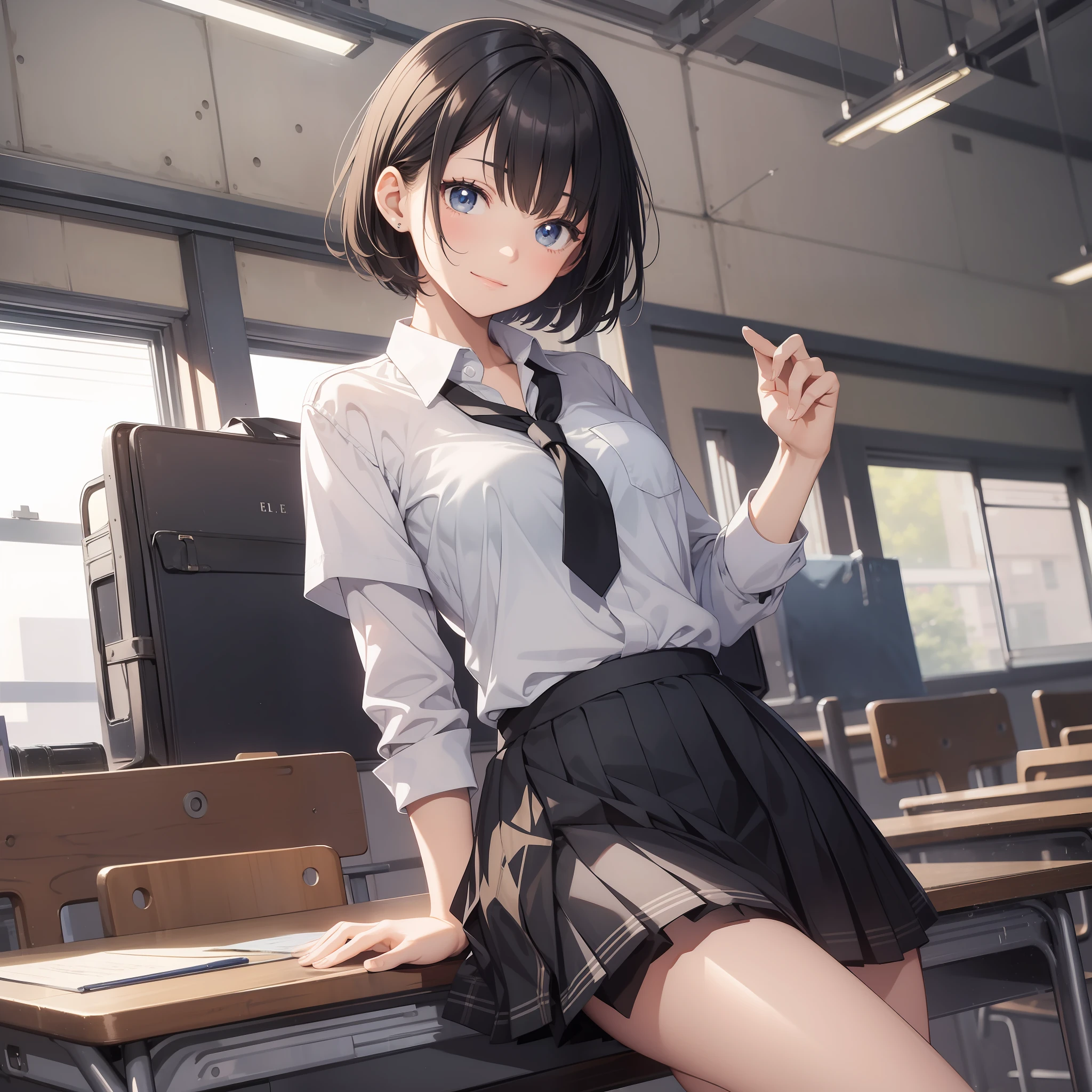 masterpiece, top quality, 1 female, 17 years old, black blue short hair, small breasts, student, beautiful, friendly, fine eye detail, intricate detail, (style-pixiv:0,8), portrait, (Smiley :0,7 ), solo, full body shoot , background details, (school: 1.1) dynamic, white school unifrom clothes and grey skirt, classroom school  background