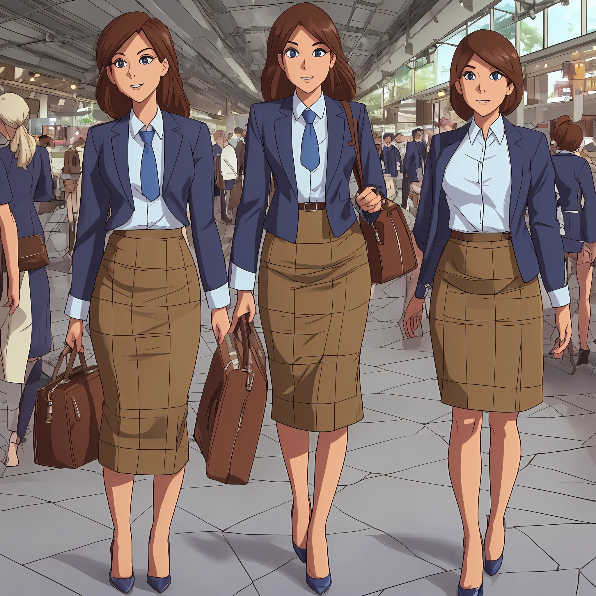 {{Mature female, caucasian}}, looking at viewer, hazel eyes, extremely detailed, medium breasts, brown hair, airport, flight attendant, uniform, blue blazer, necktie, blue skirt, medium skirt, pencil skirt, blue high heels, happy, best quality, high quality, extremely detailed anime screencap, {{{{crowded, multiple girls, thousands of sisters, millions of sisters,billions of sisters, clone, doppelganger, matching outfit, matching hairstyle}}}}, full body