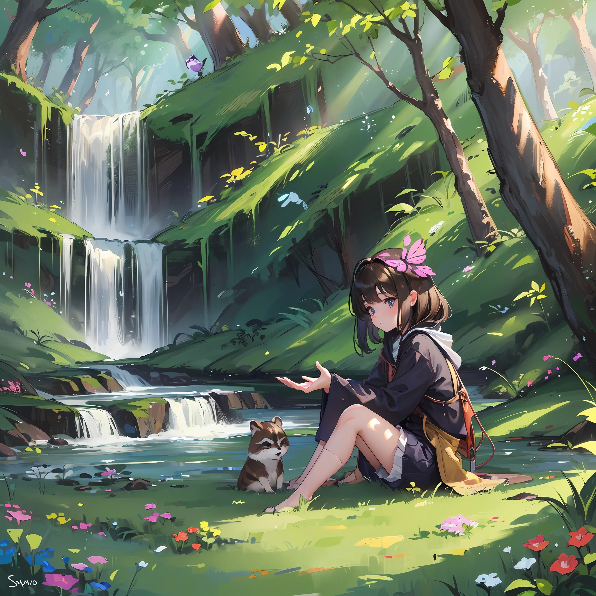 ((drawing, small american child 5 yearlings, childish, very bright)),alone in the forest, little girl, dark dark hair brunette, holding butterfly, surrounded by assorted trees, raccoon on the ground, waterfall in the background, birds near the girl, illuminated by the sun. --auto --s2